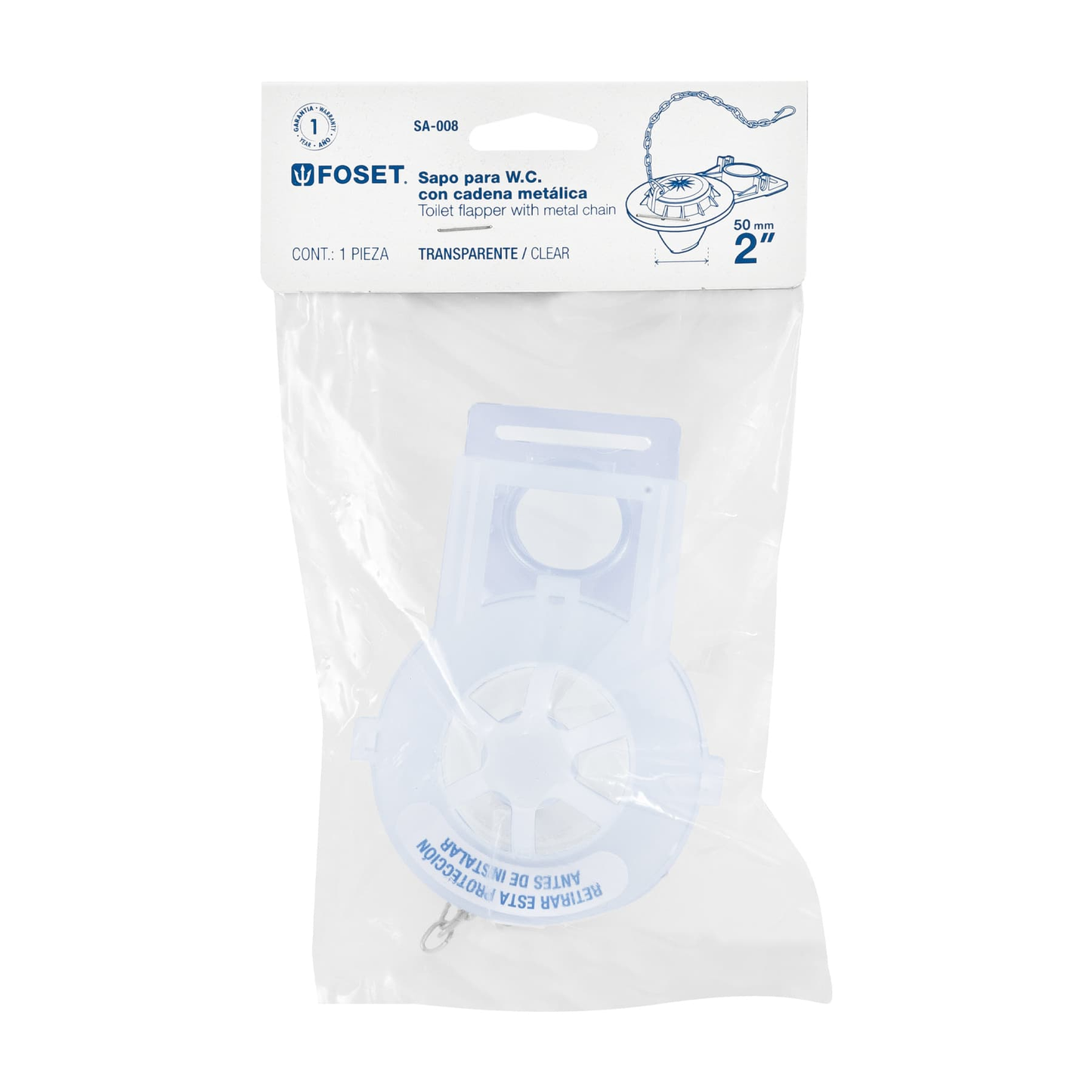 Sapo para WC, PVC transparente con cadena inoxidable, 2"