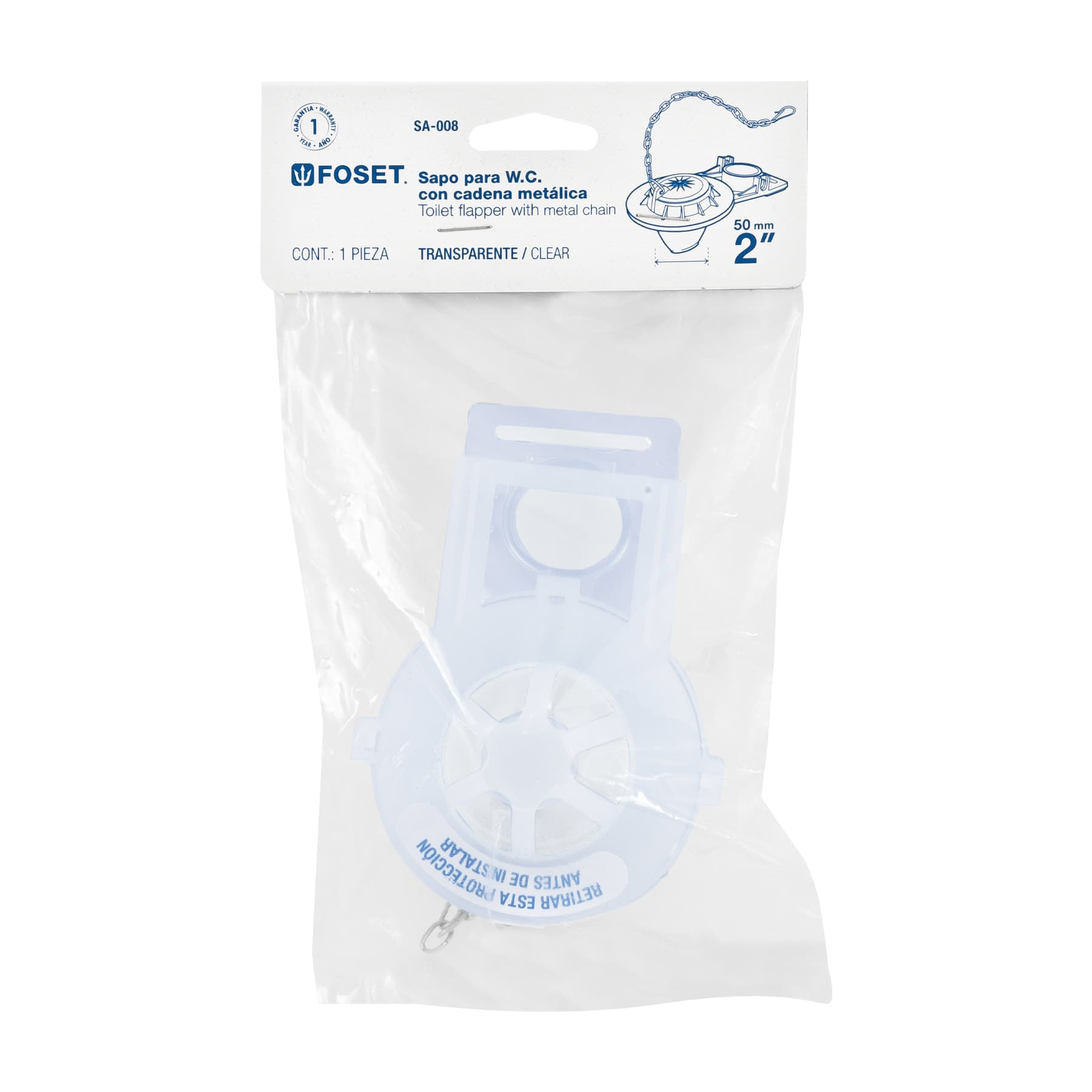 Sapo para WC, PVC transparente con cadena inoxidable, 2"
