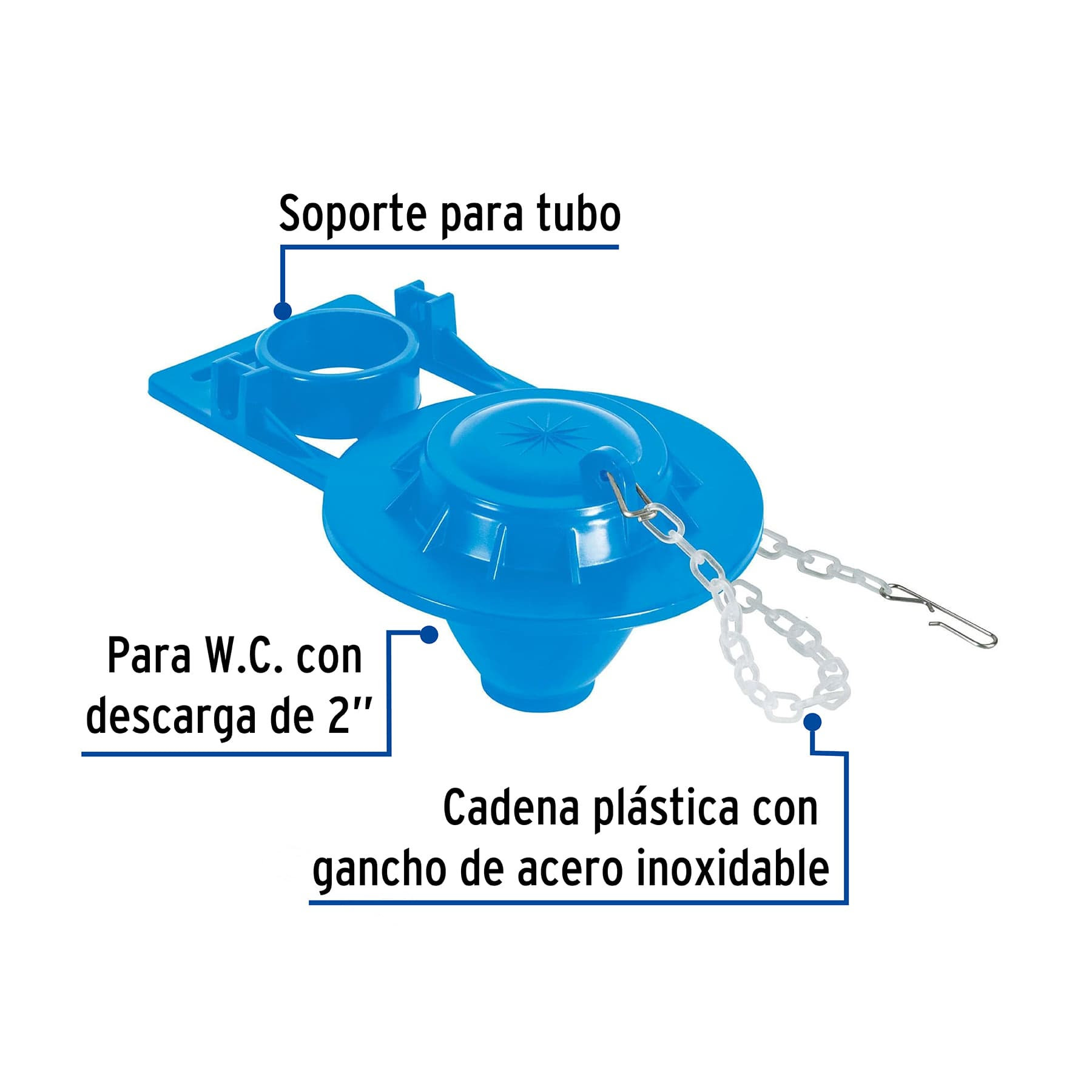 Sapo para WC, PVC azul  con cadena plástica, 2"