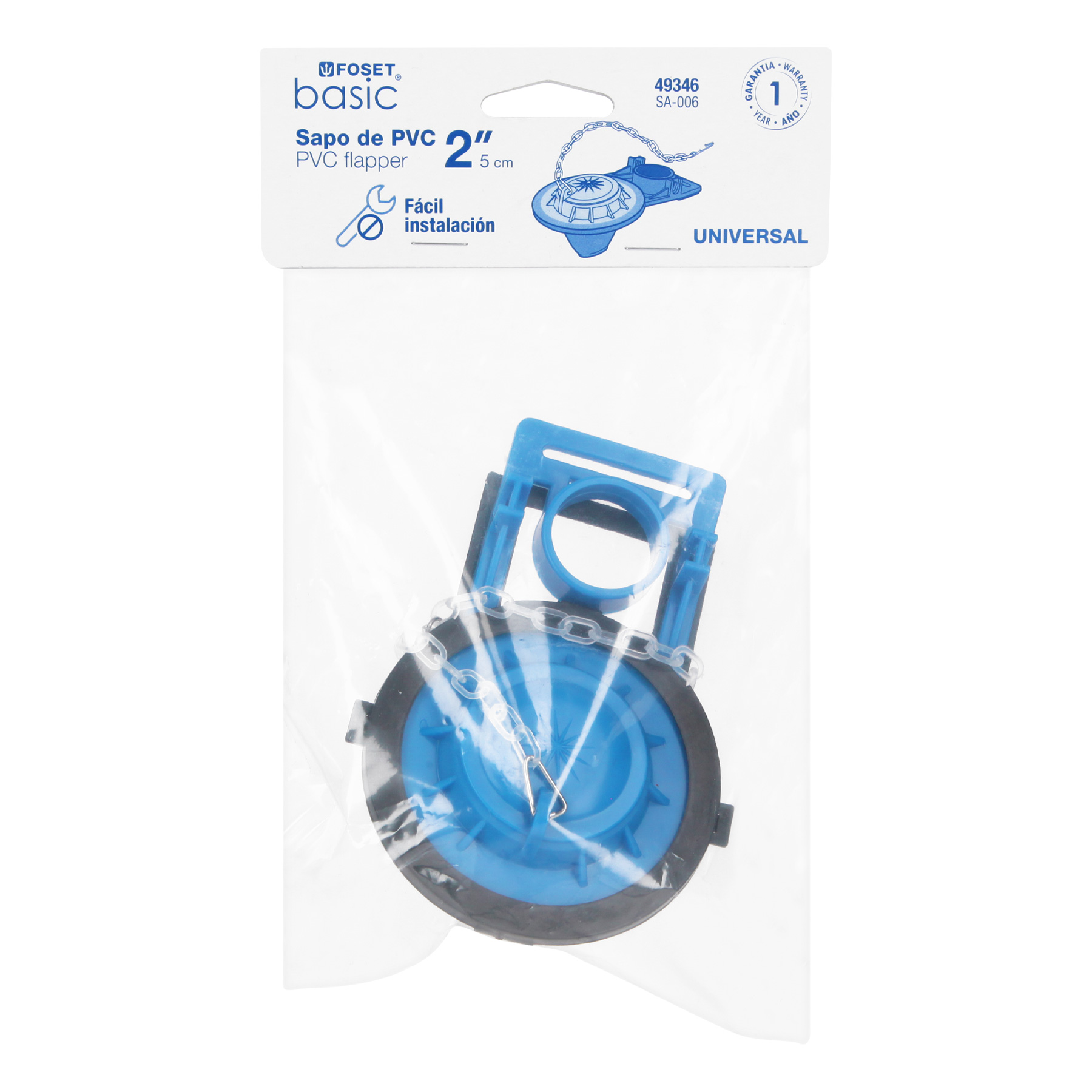Sapo para WC, PVC azul  con cadena plástica, 2"