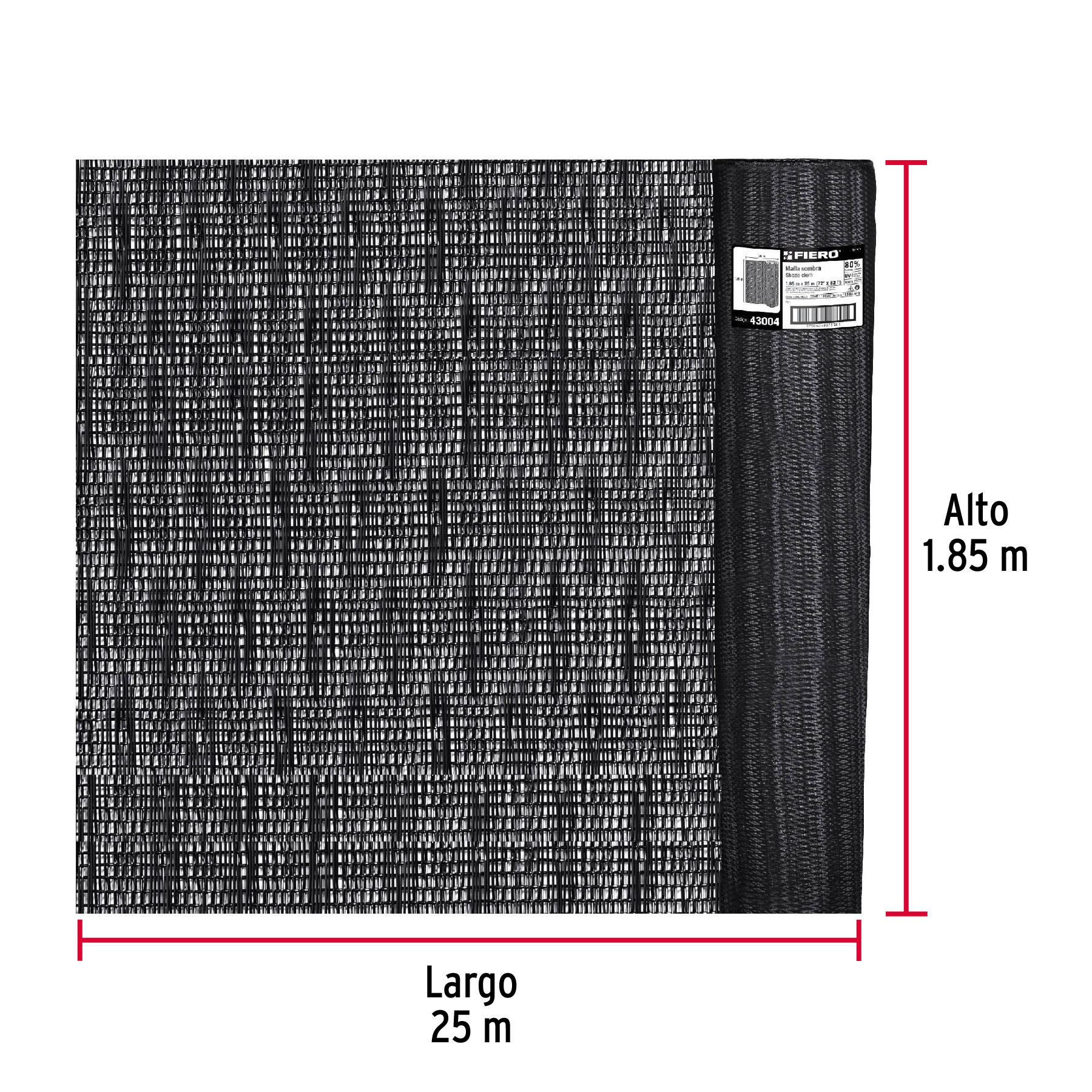 Rollo de toldo de polietileno, 80% sombra, 1.25 x 25m, negro