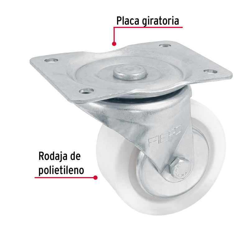 Rodaja de polietileno 4", placa giratoria, pisada 42mm