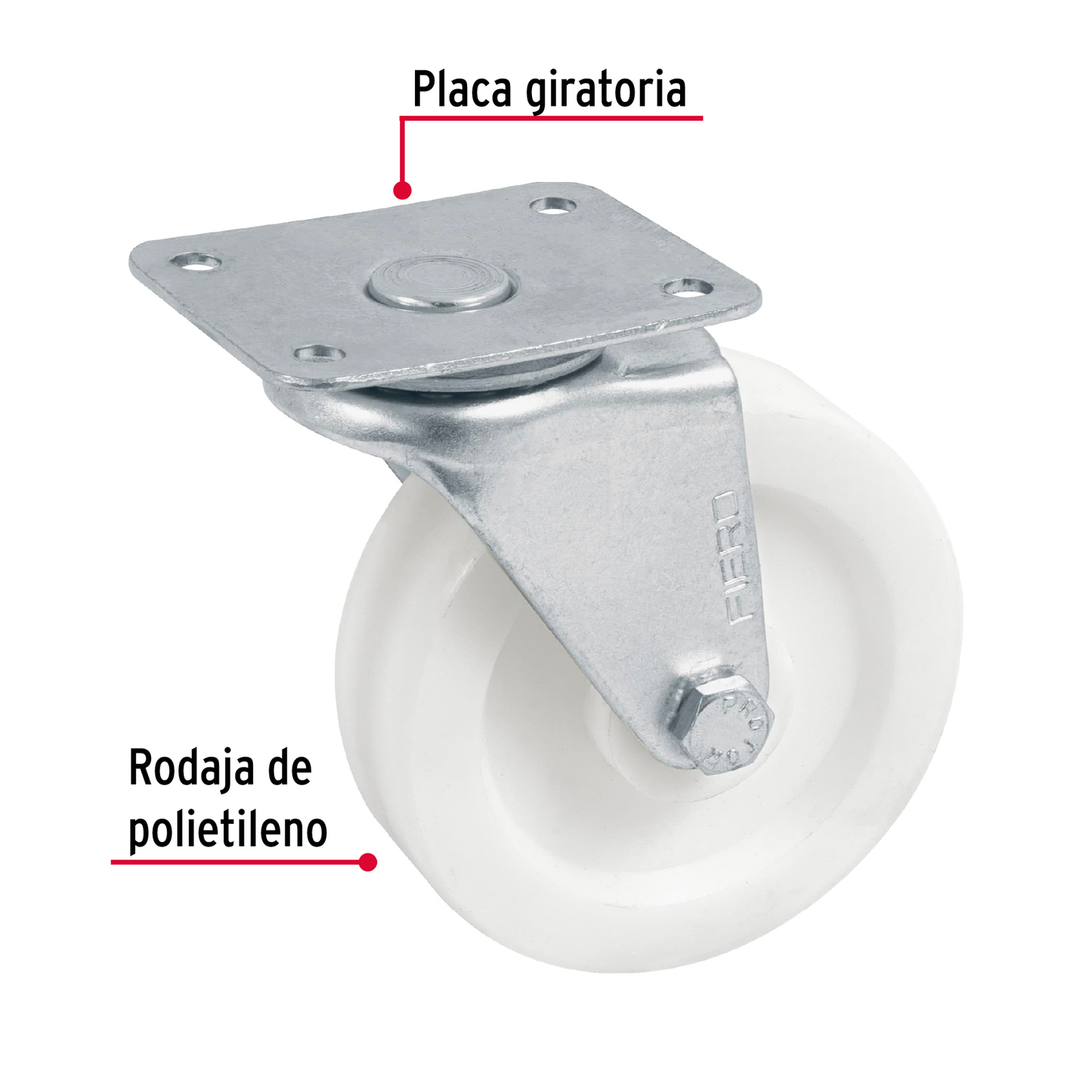 Rodaja de polietileno 3", placa giratoria, pisada 22mm
