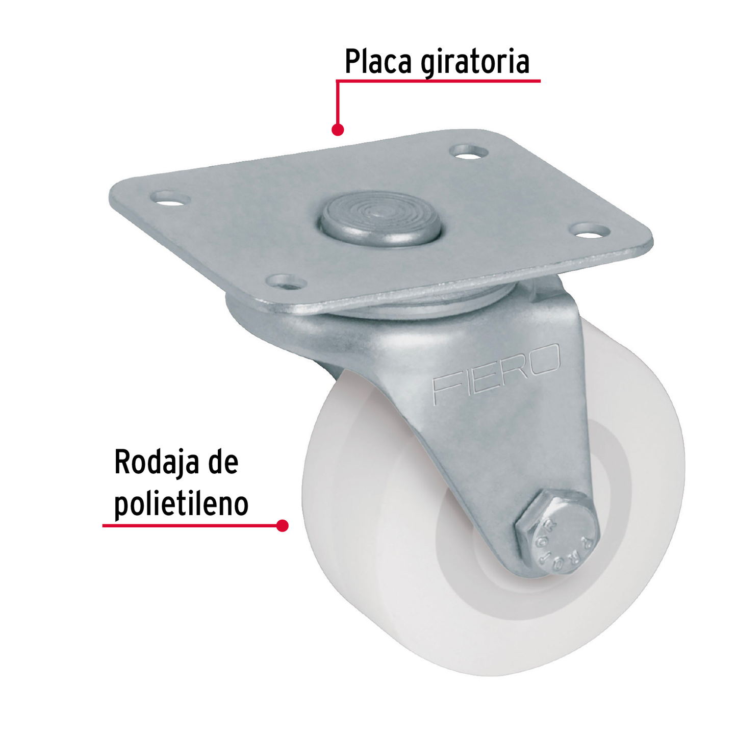 Rodaja de polietileno 2", placa giratoria, pisada 22mm