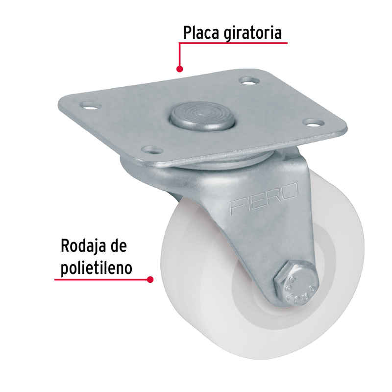 Rodaja de polietileno 2", placa giratoria, pisada 22mm