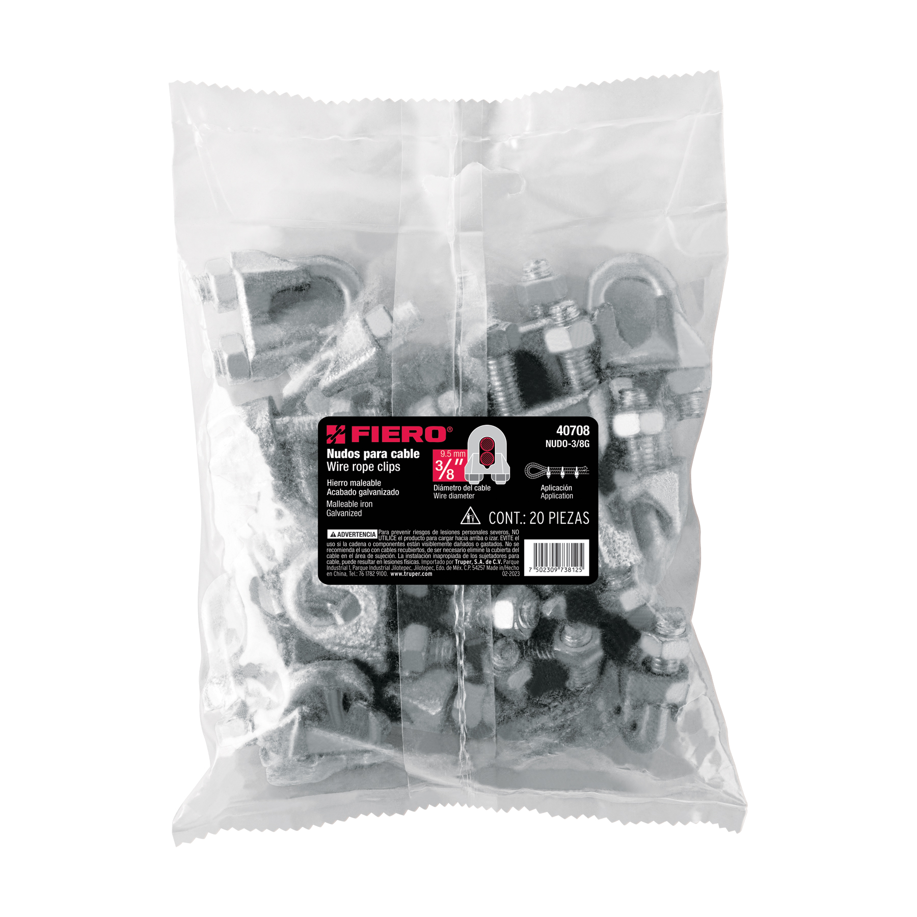 Bolsa con 20 nudos (perros) de hierro para cable de 3/8'