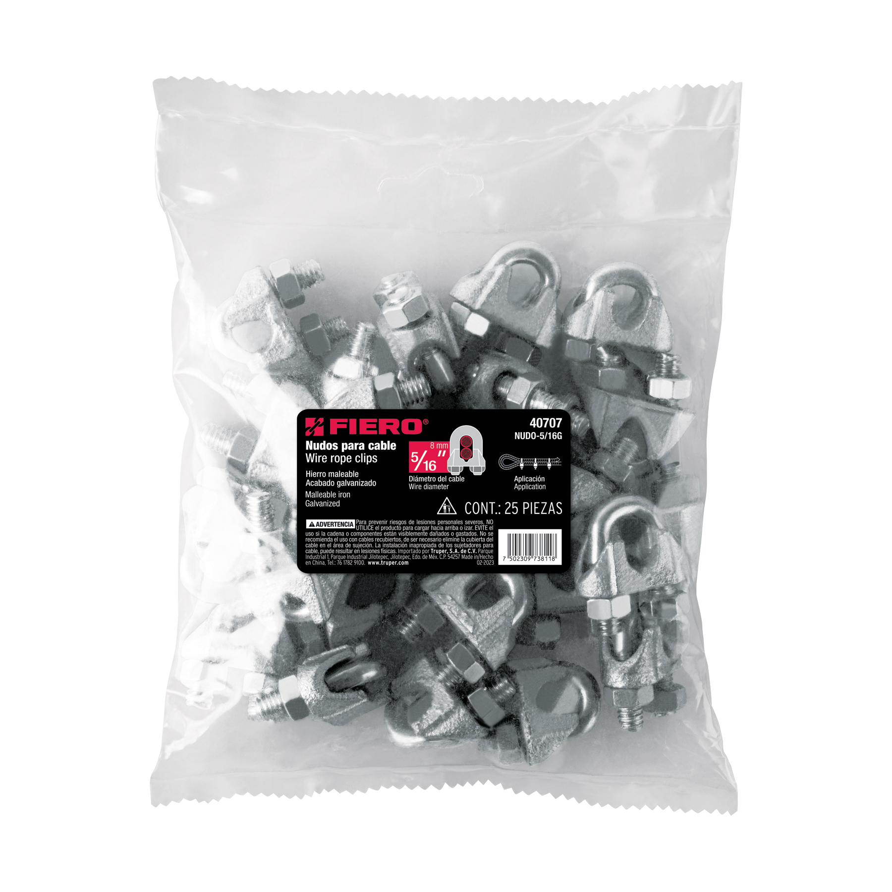 Bolsa con 25 nudos (perros) de hierro para cable de 5/16'