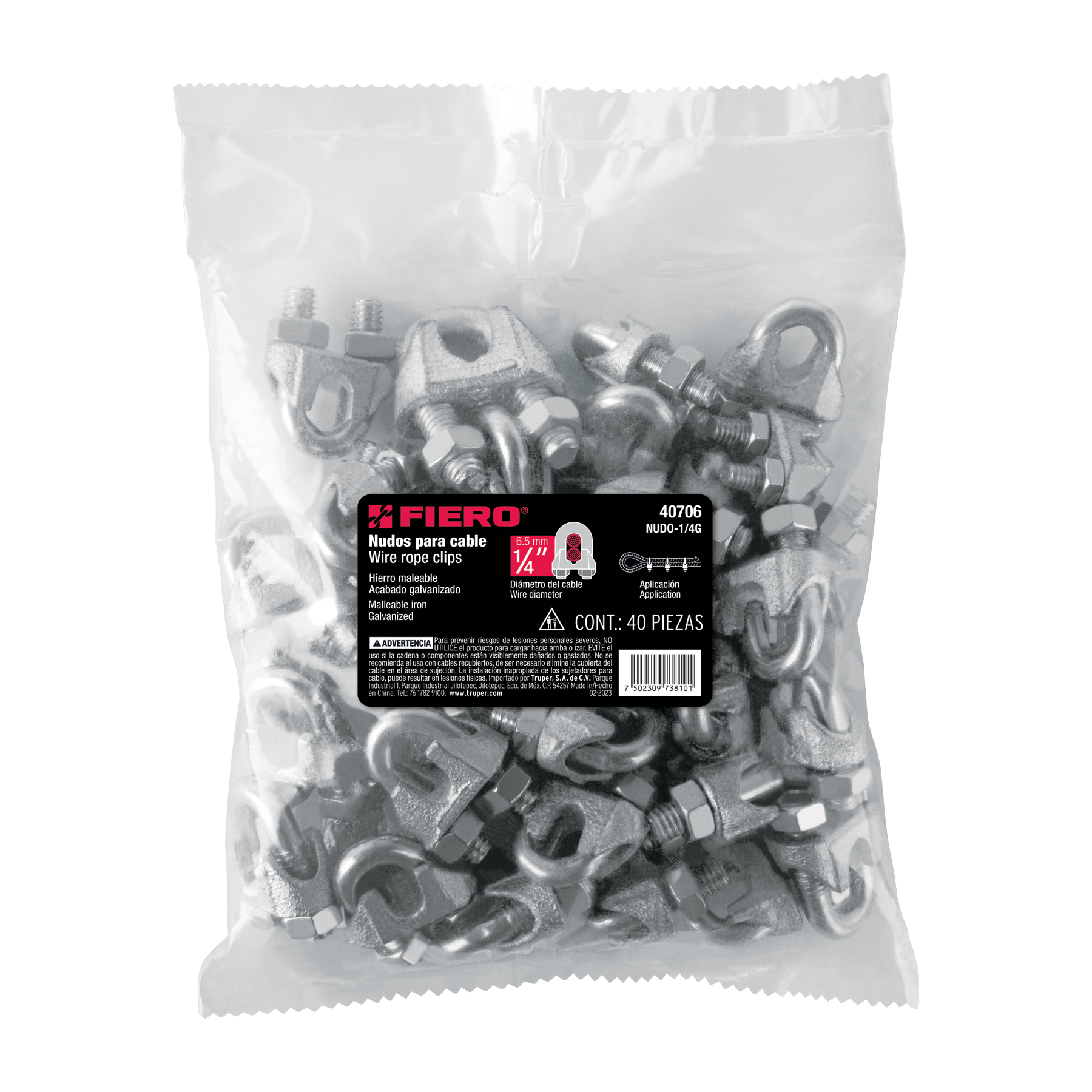 Bolsa con 40 nudos (perros) de hierro para cable de 1/4'
