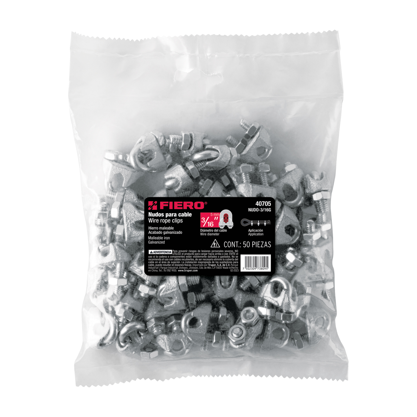 Bolsa con 50 nudos (perros) de hierro para cable de 3/16'