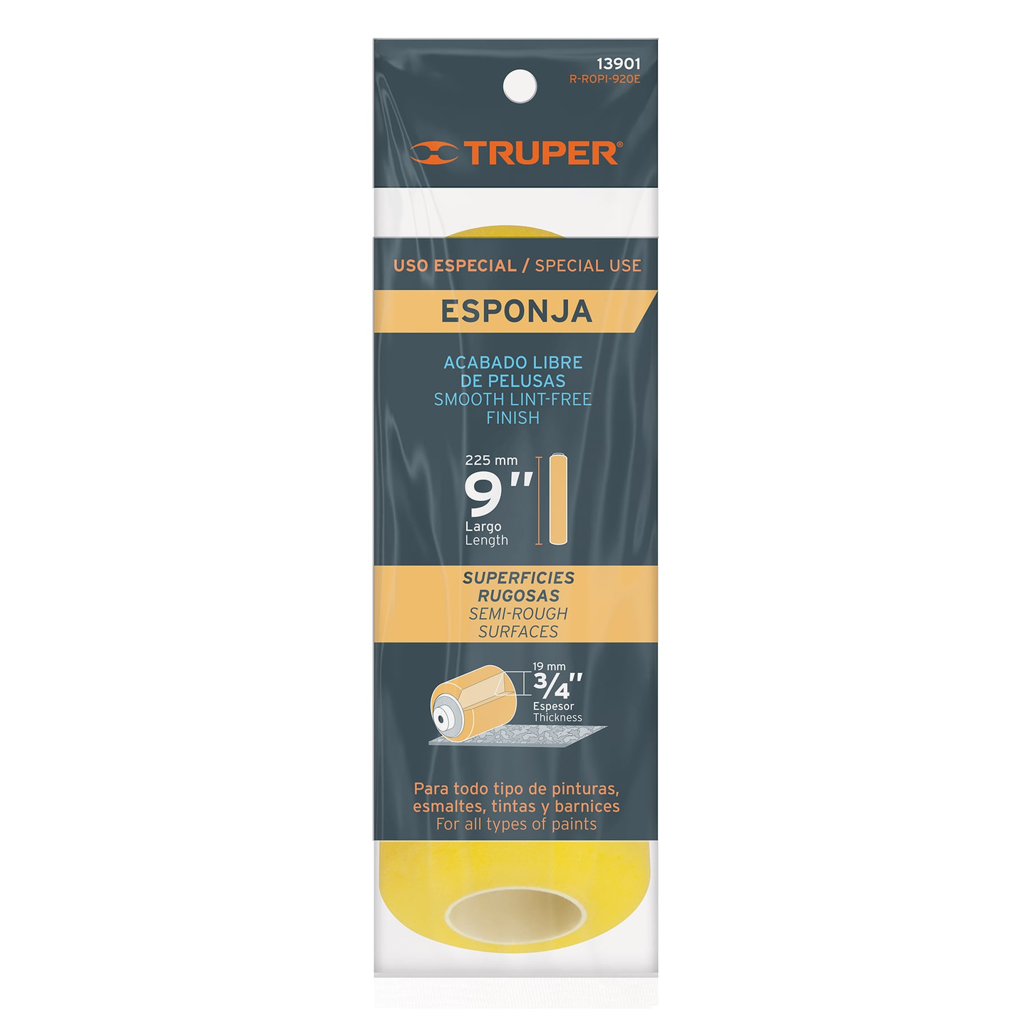 Repuesto rodillo para pintar, 9 x 3/4",semi rugosa, esponja