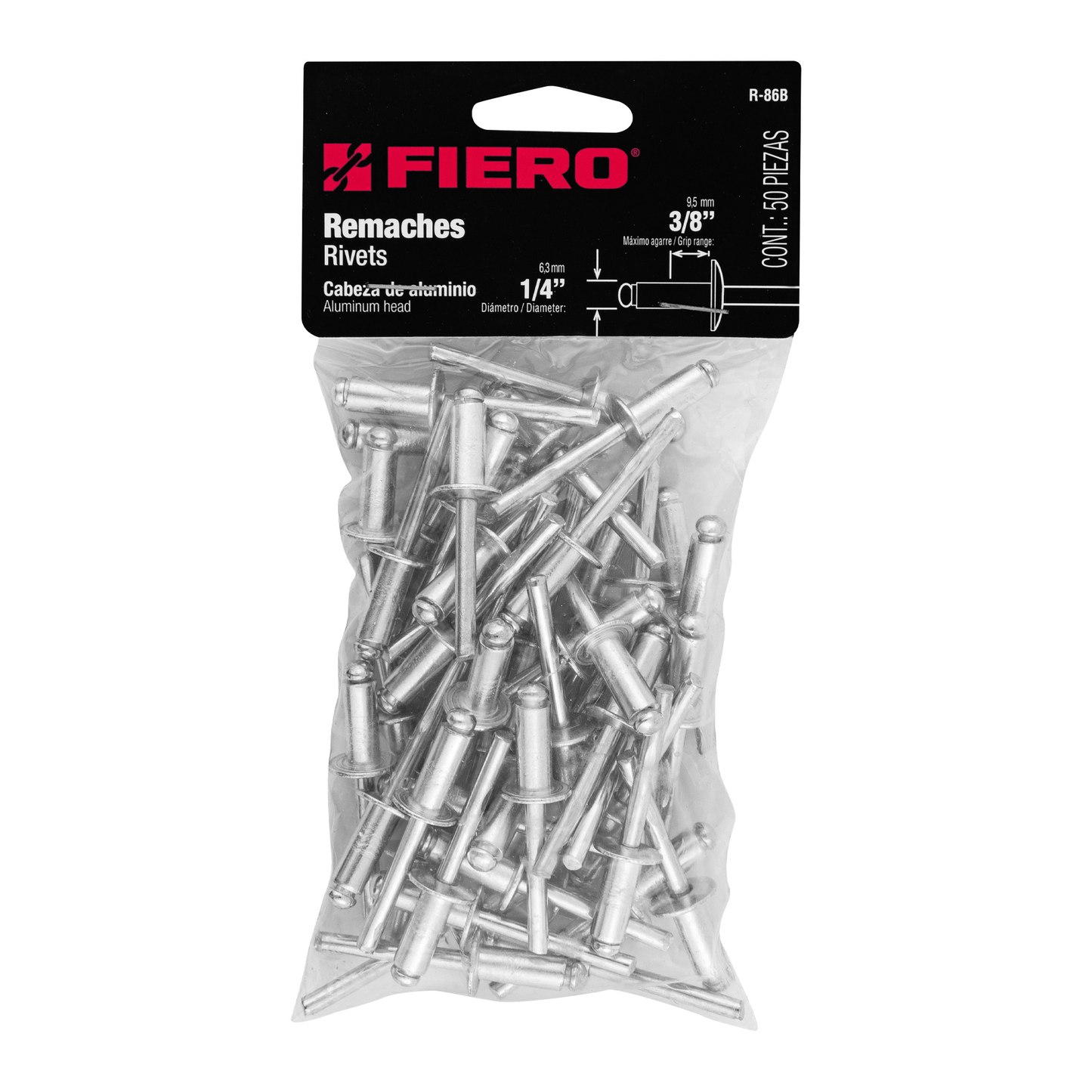 Remaches con espiga, 6.4x15.9mm, bolsa con 50 pzas