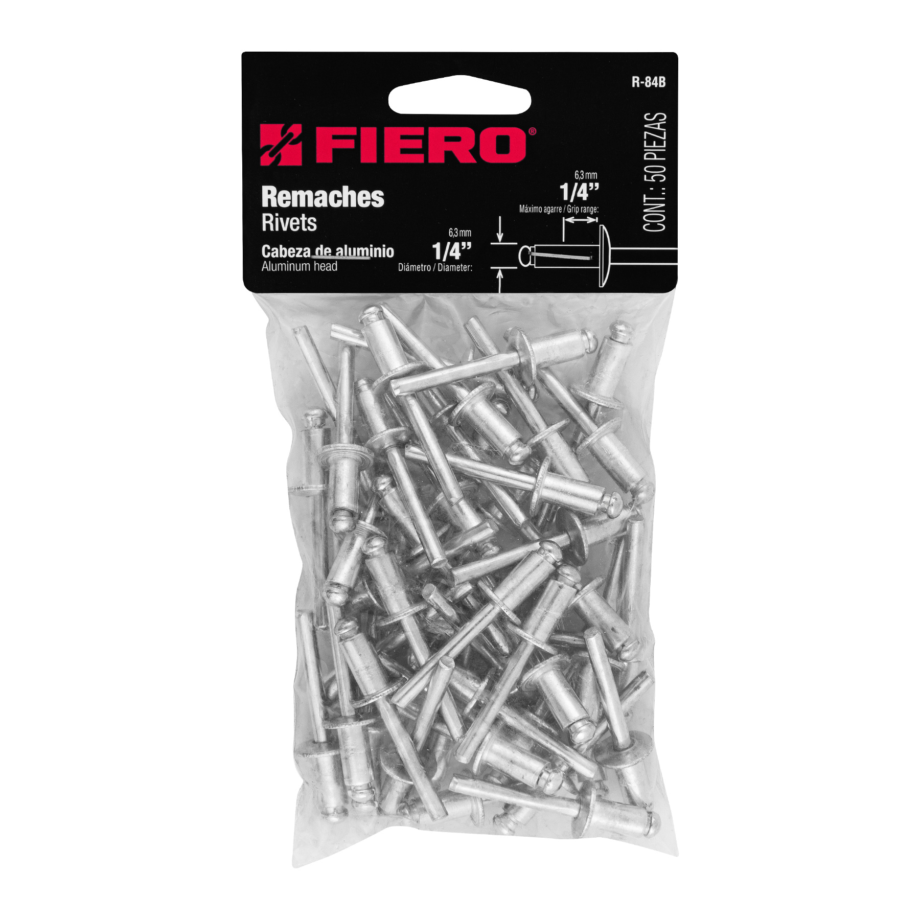 Remaches con espiga, 6.4x12.7mm, bolsa con 50 pzas