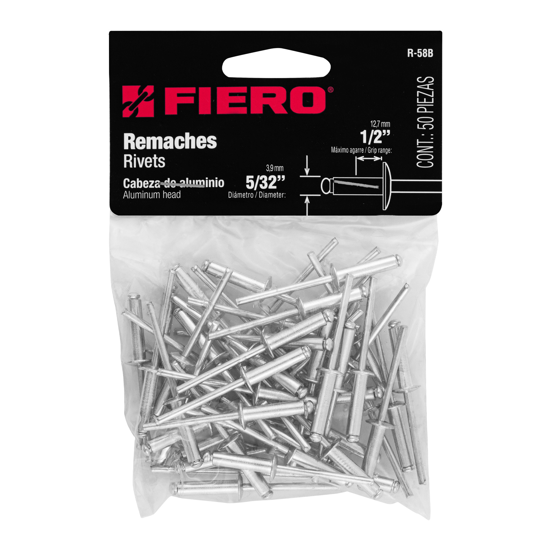 Remaches con espiga, 4x16.50mm, bolsa con 50 pzas
