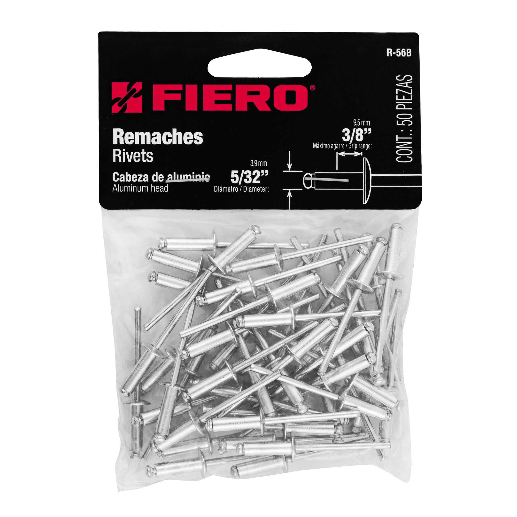 Remaches con espiga, 4x13.4mm, bolsa con 50 pzas