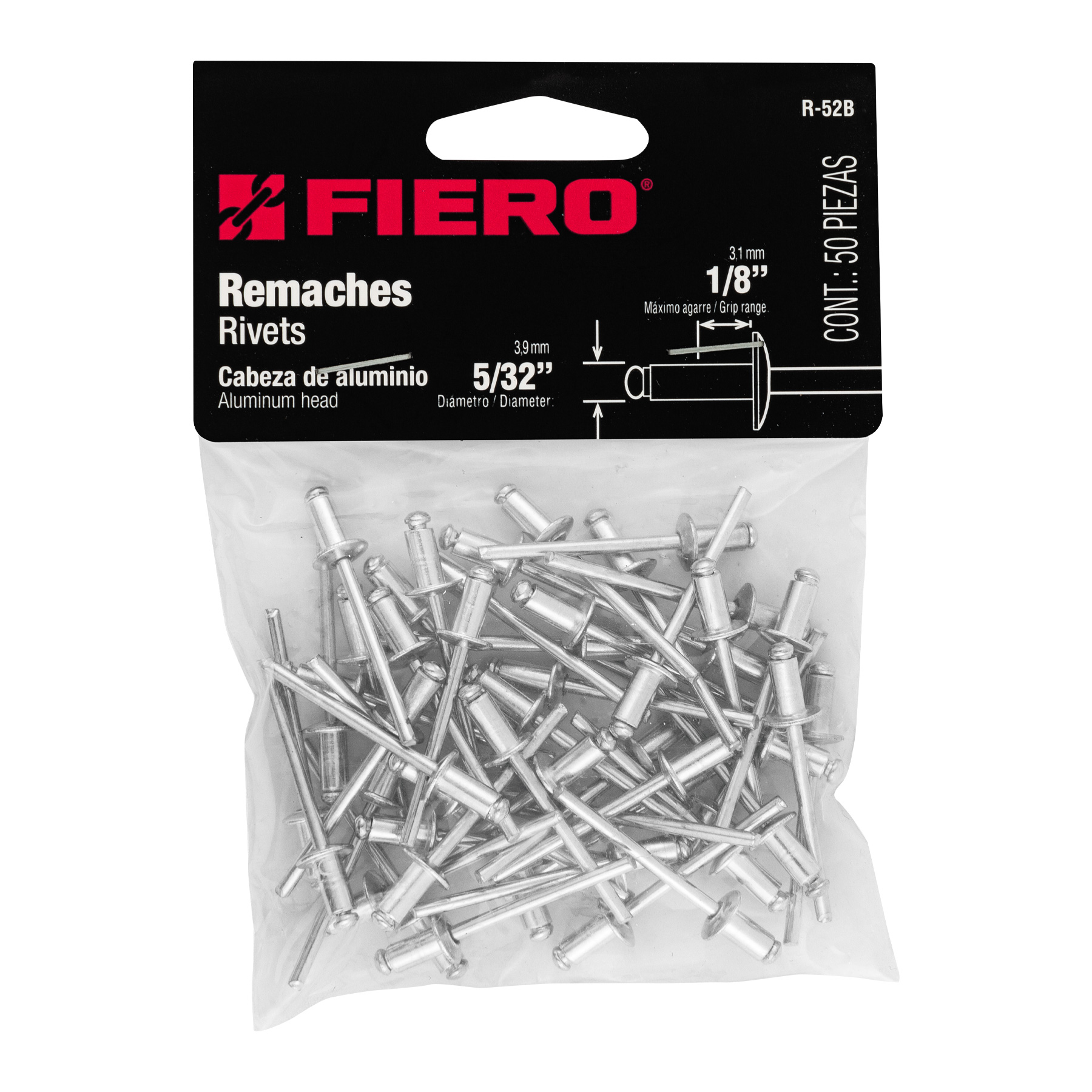 Remaches con espiga, 4x10mm, bolsa con 50 pzas