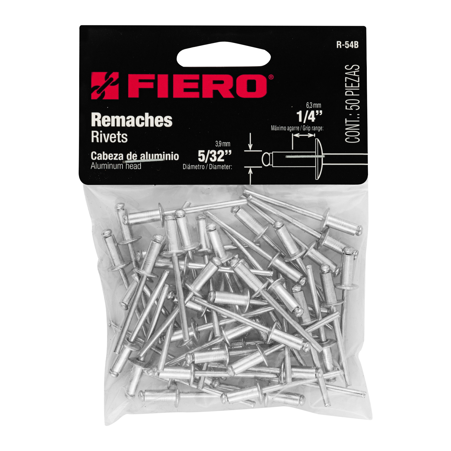 Remaches con espiga, 4x10.20mm, bolsa con 50 pzas