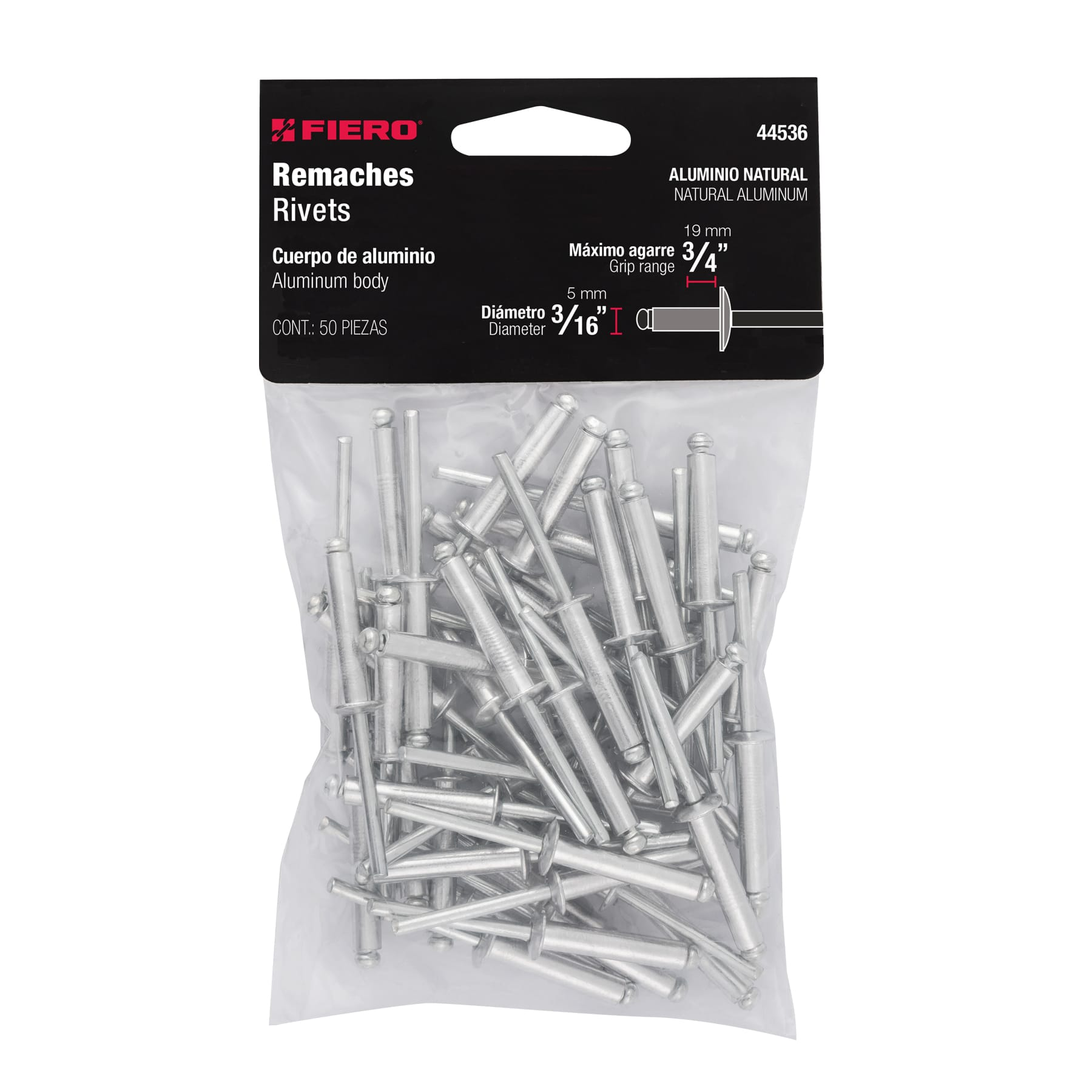 Remaches con espiga, 4.8x24.1mm, bolsa con 50 pzas