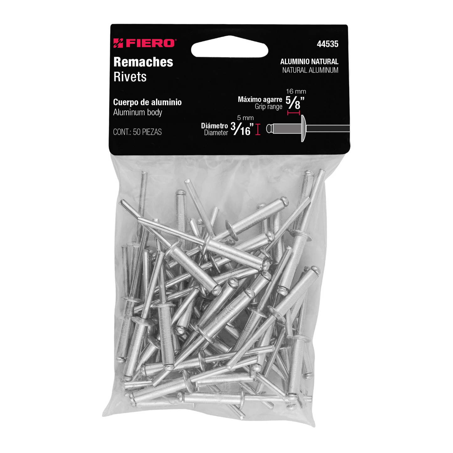 Remaches con espiga, 4.8x21mm, bolsa con 50 pzas