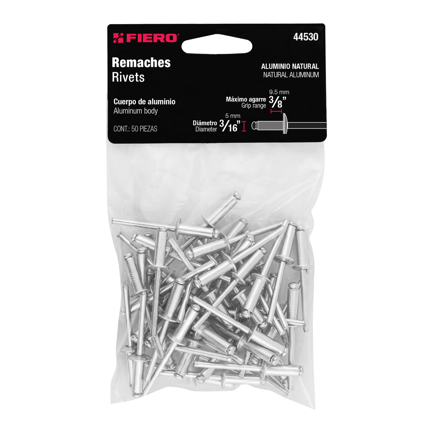 Remaches con espiga, 4.8x14.5mm, bolsa con 50 pzas