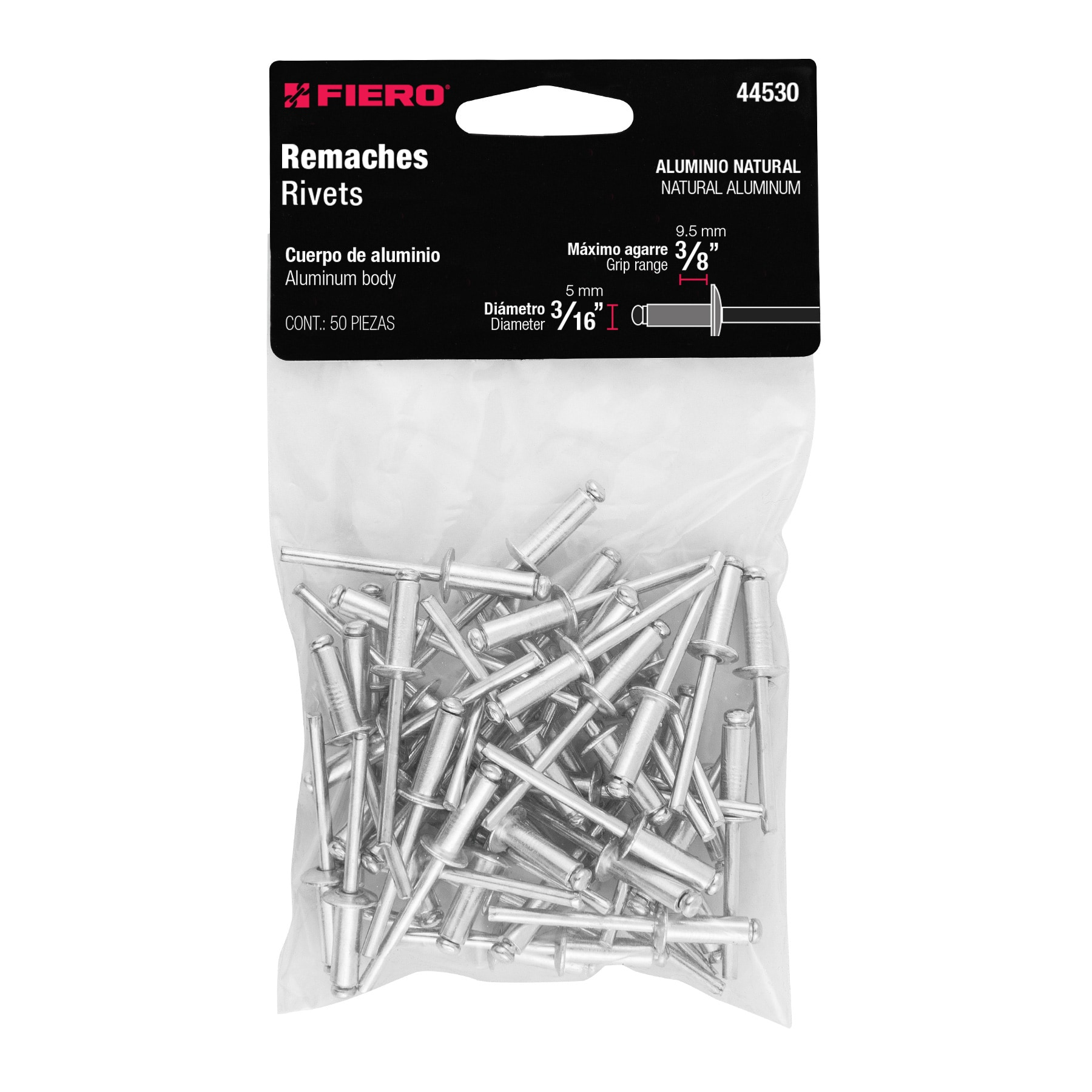 Remaches con espiga, 4.8x14.5mm, bolsa con 50 pzas
