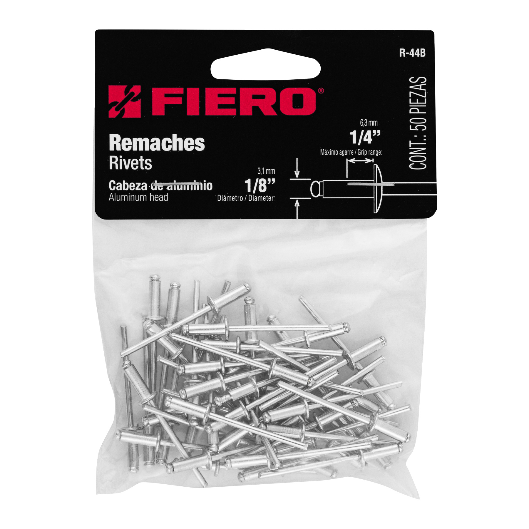 Remaches con espiga, 3.2x9.6mm, bolsa con 50 pzas