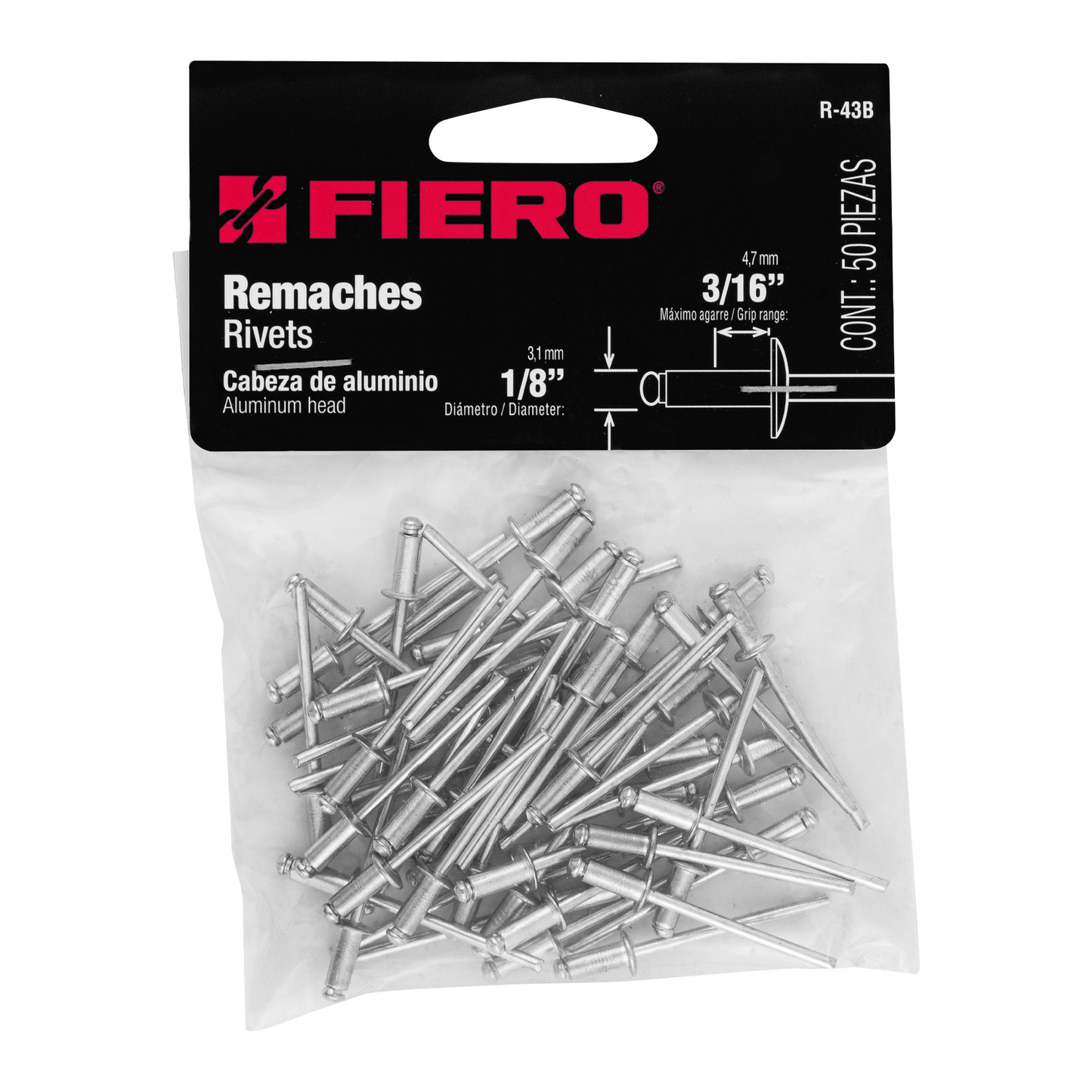 Remaches con espiga, 3.2x8.00mm, bolsa con 50 pzas
