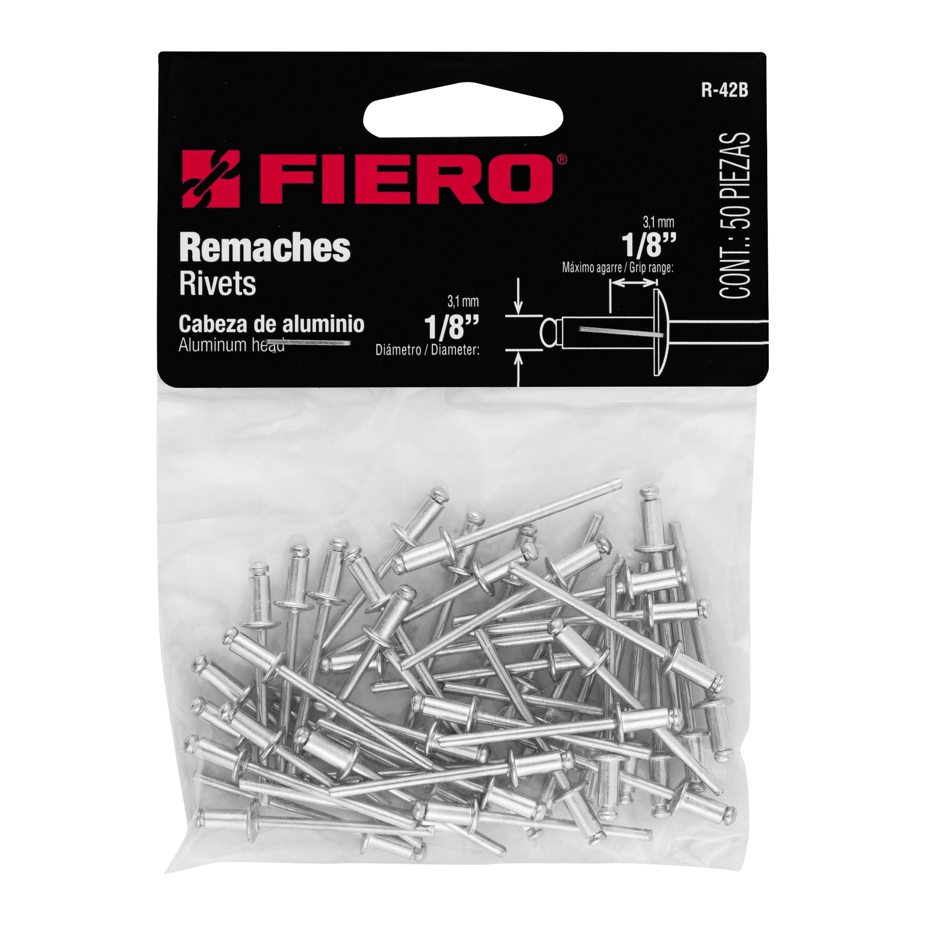 Remaches con espiga, 3.2x6.4mm, bolsa con 50 pzas