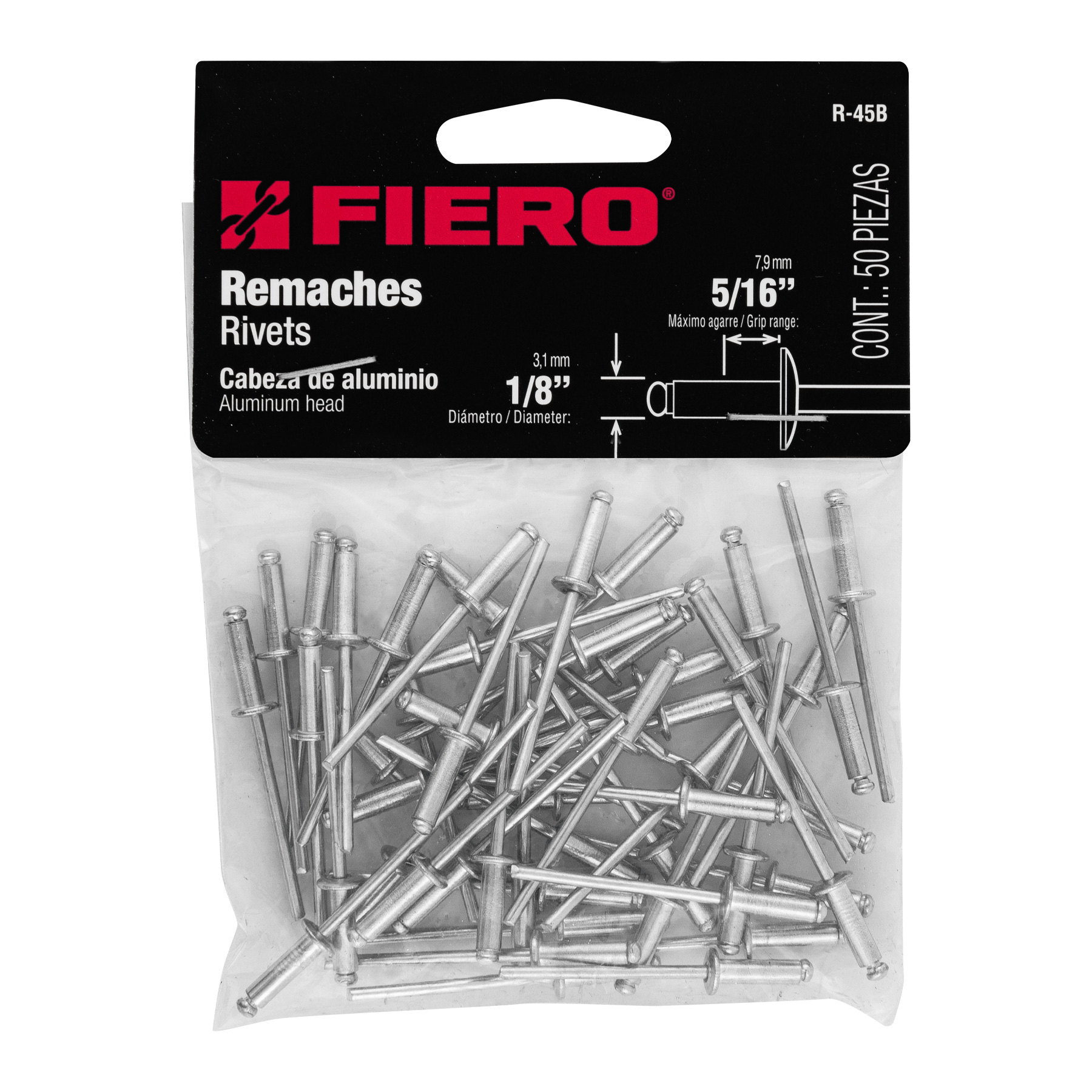 Remaches con espiga, 3.2x11.10m, bolsa con 50 pzas