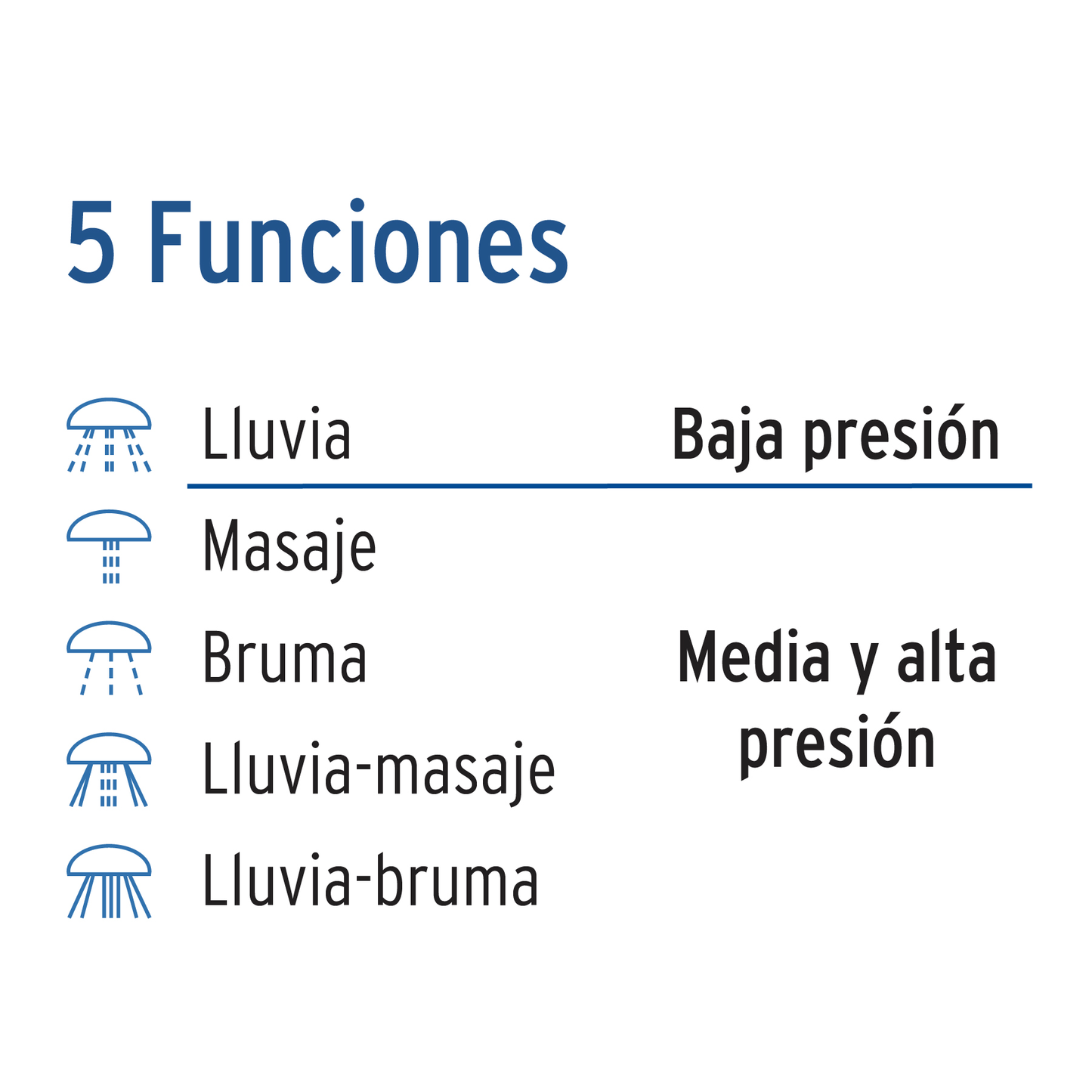 Regadera plástica, 5 funciones, sin brazo, Aqua