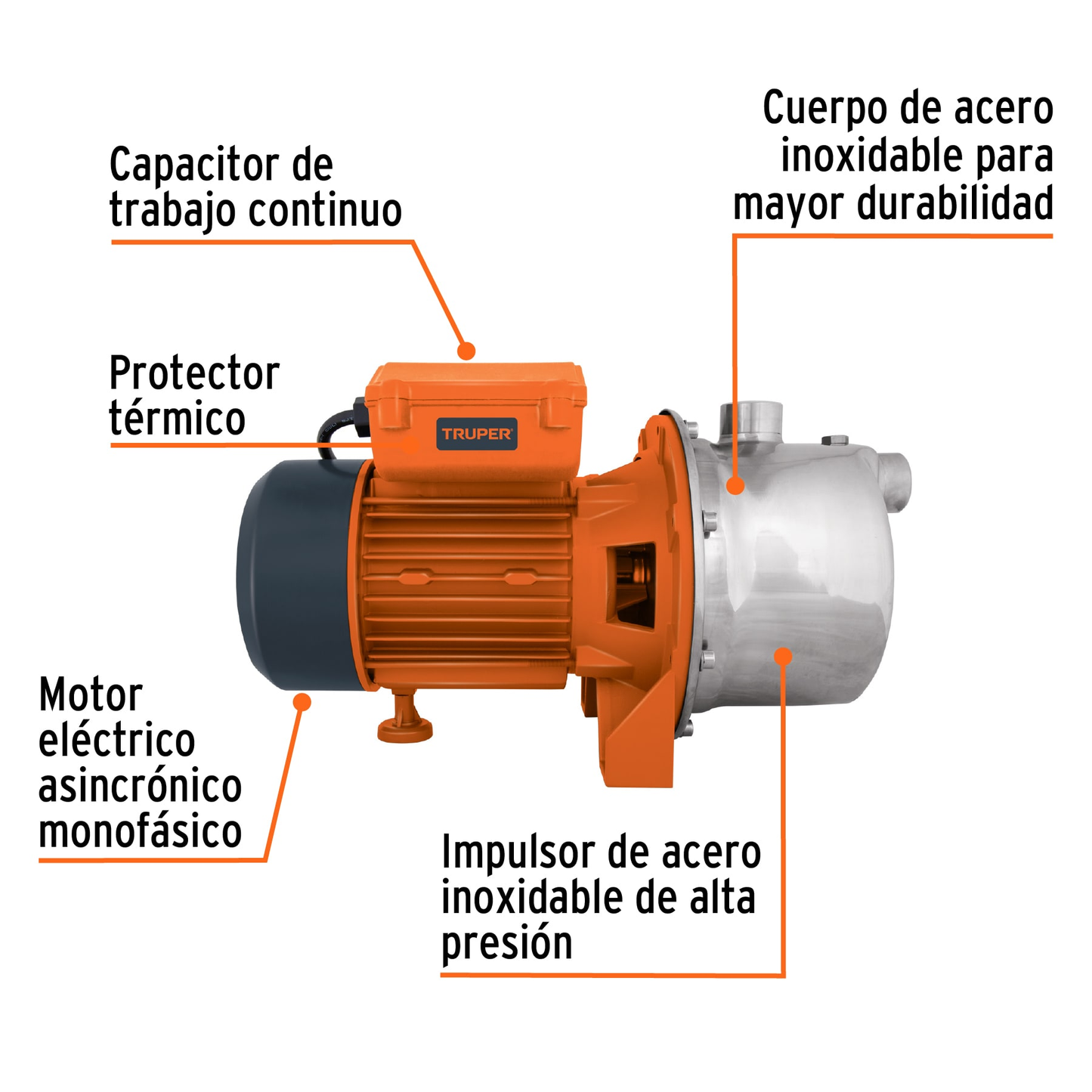 Bomba eléctrica para agua, tipo jet, acero inoxidable, 1 HP