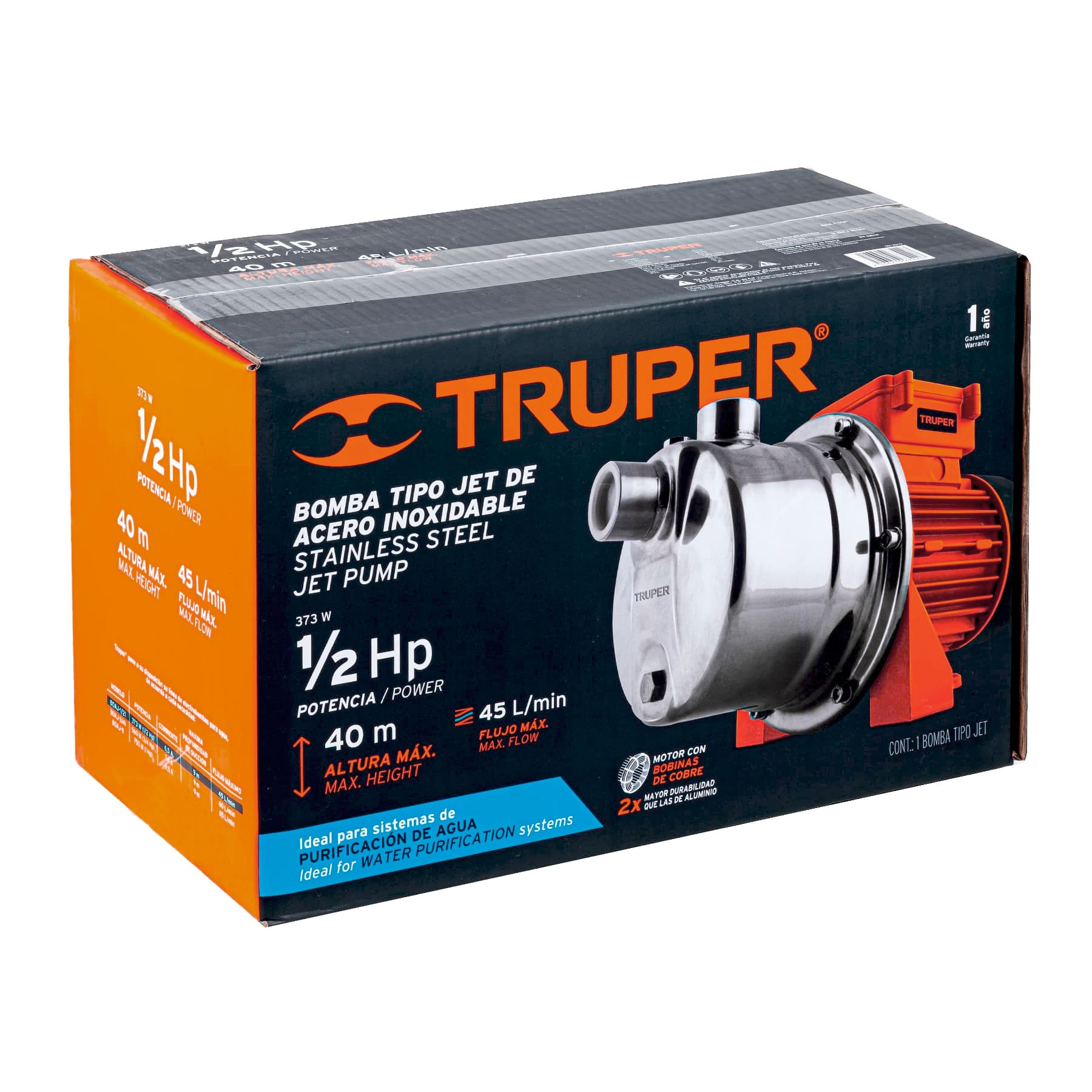 Bomba eléctrica para agua, tipo jet, acero inoxidable, 1/2HP