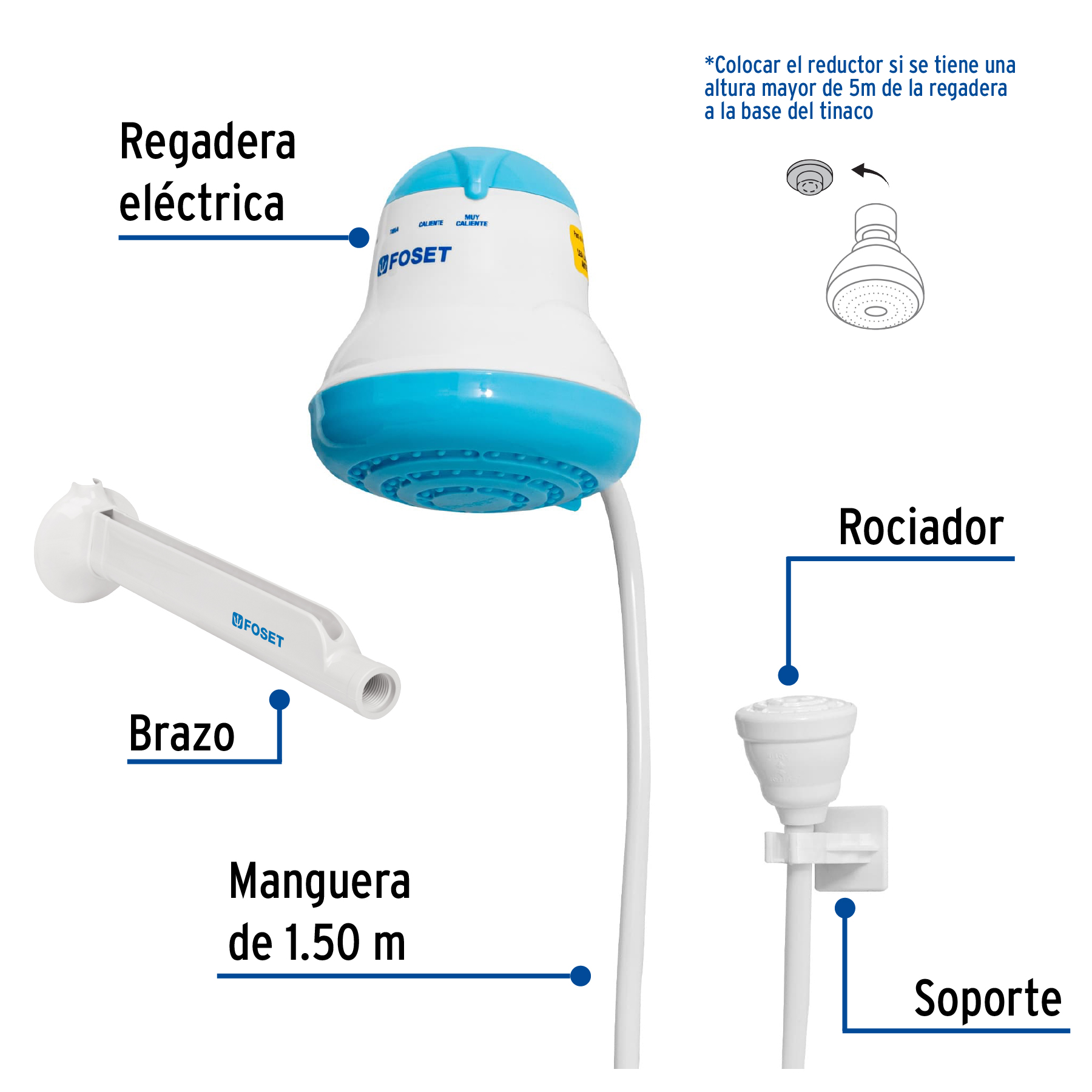 Regadera eléctrica, 4 temperaturas, azul