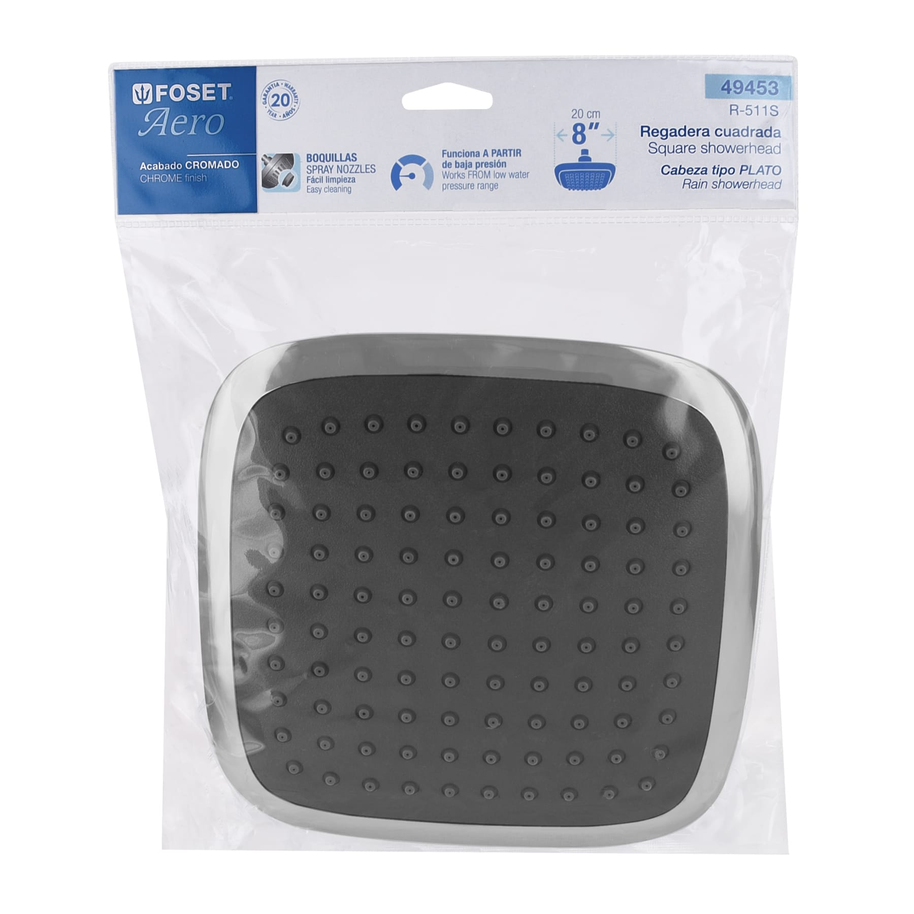 Regadera cuadrada, plástica, 8", sin brazo, Aero