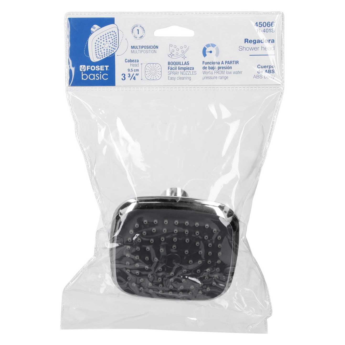 Regadera cuadrada, ABS, 3-3/4", sin brazo, Basic