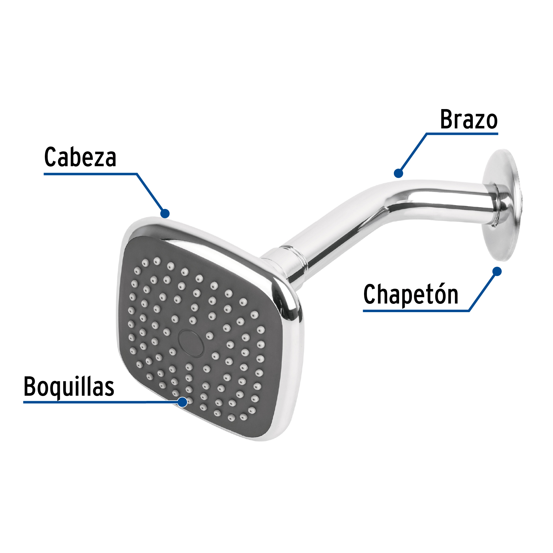Regadera cuadrada, ABS, 3-3/4", con brazo, Basic
