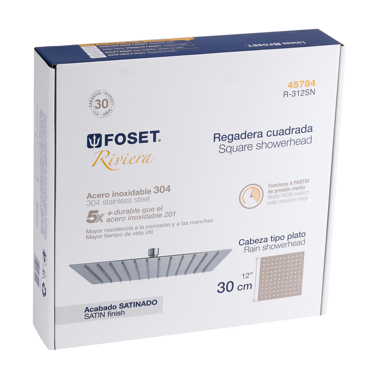 Regadera acero inoxidable, 12", sin brazo, satinado, Riviera