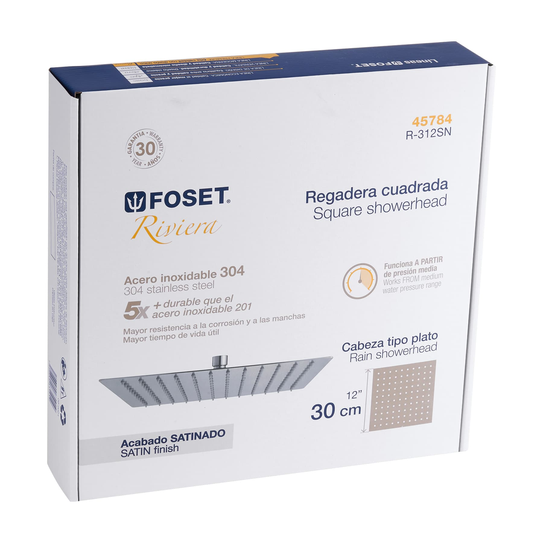 Regadera acero inoxidable, 12", sin brazo, satinado, Riviera