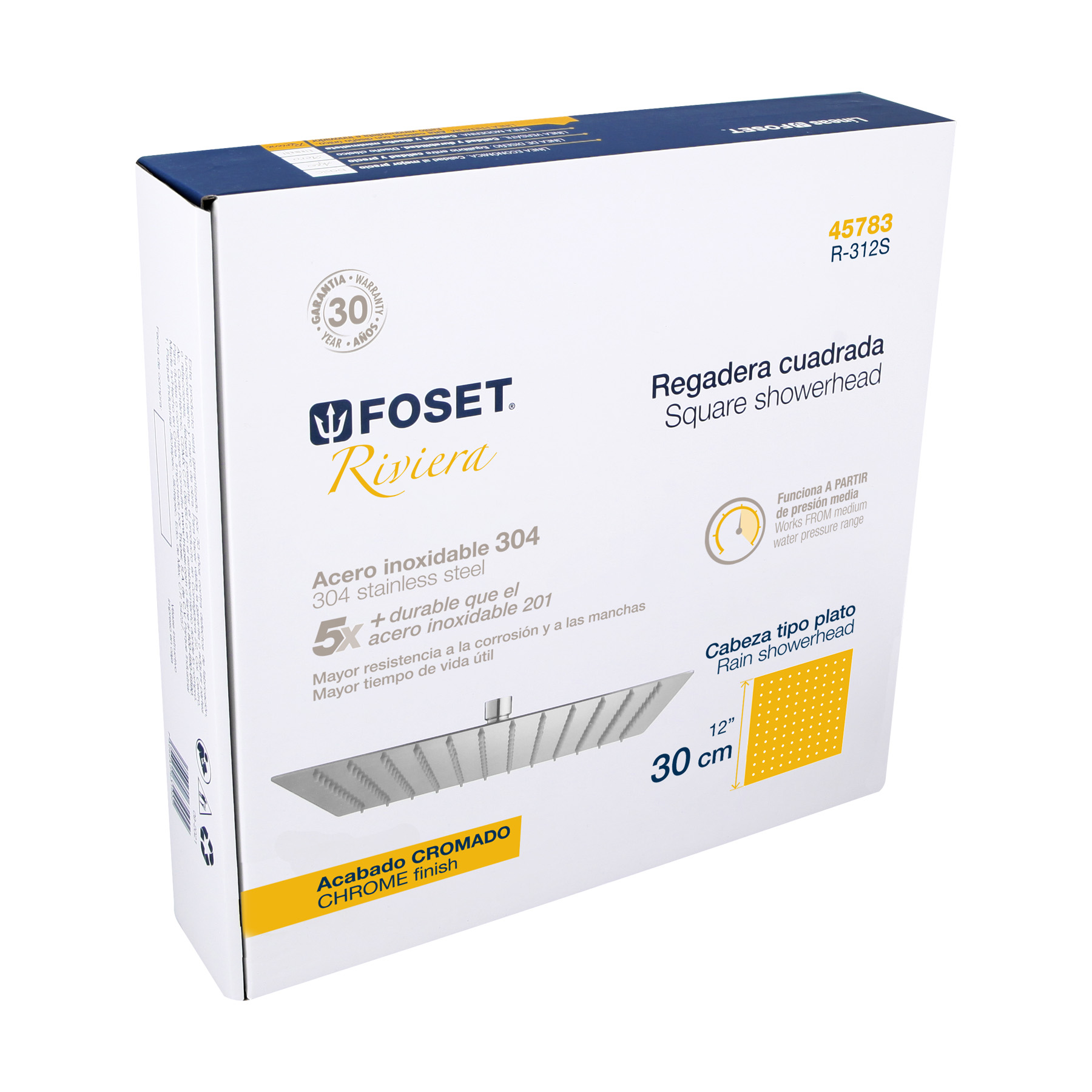 Regadera acero inoxidable, 12", sin brazo, cromado, Riviera