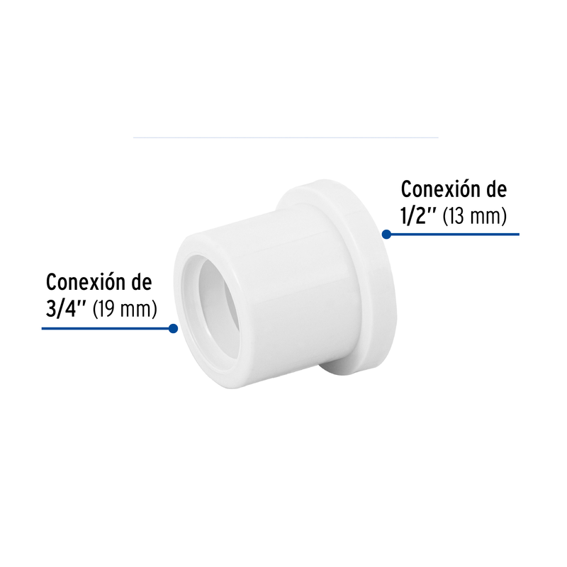 Reducción bushing de PVC, 3/4 x 1/2"