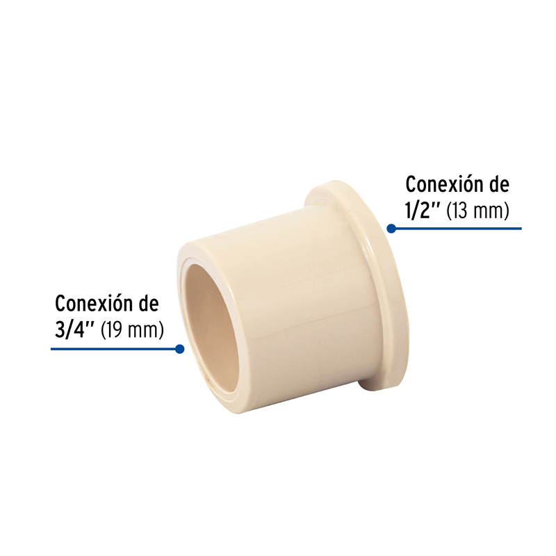 Reducción bushing de CPVC, 3/4" x 1/2"