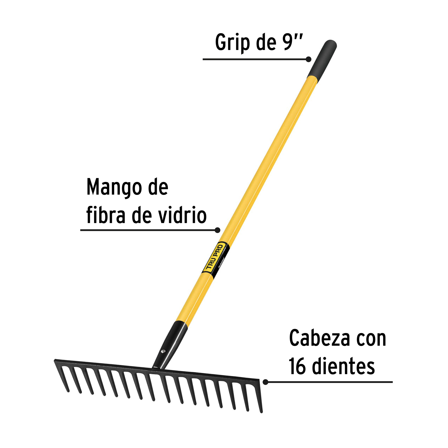 Rastrillo reforzado, 16 dientes, mango 60" fibra de vidrio