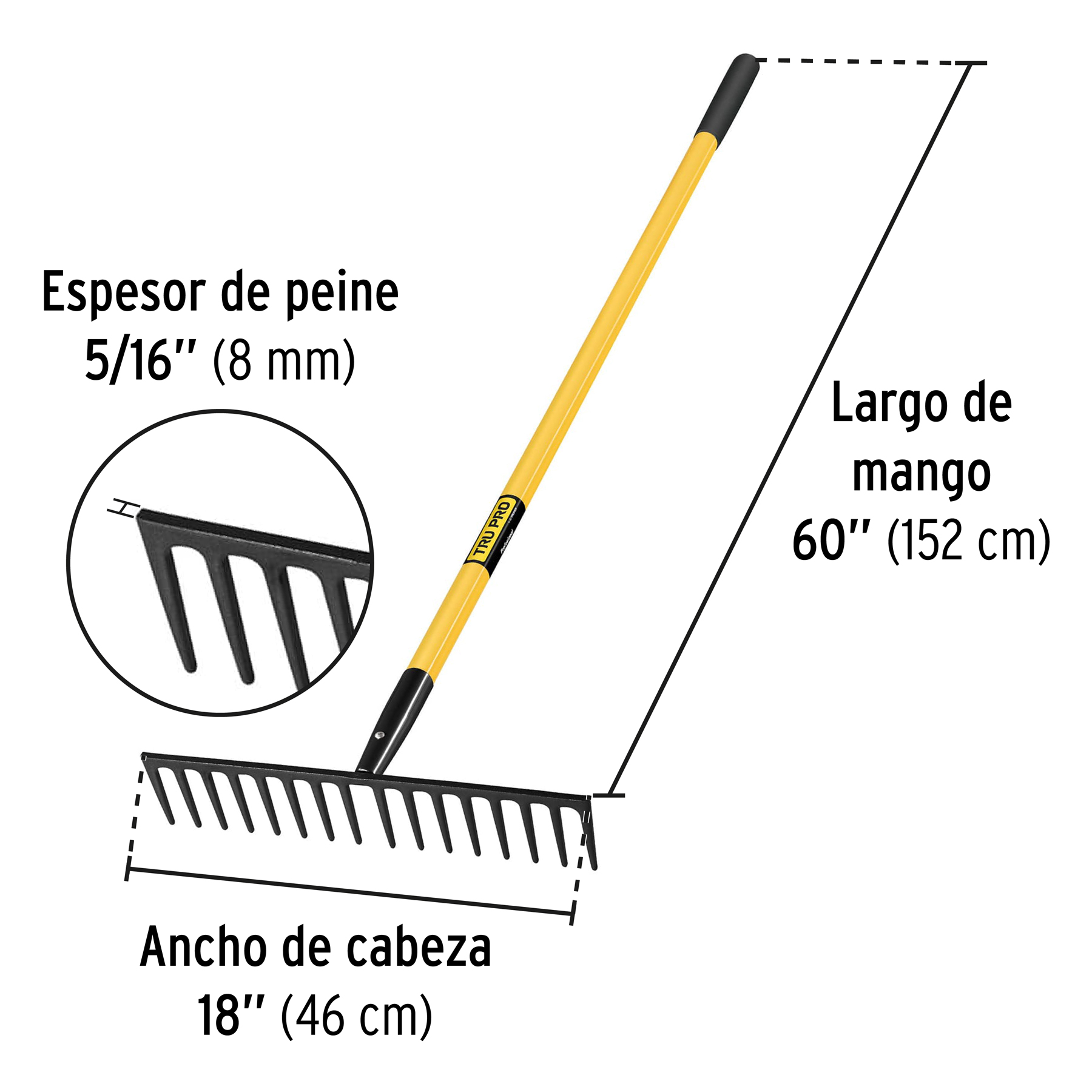 Rastrillo reforzado, 16 dientes, mango 60" fibra de vidrio