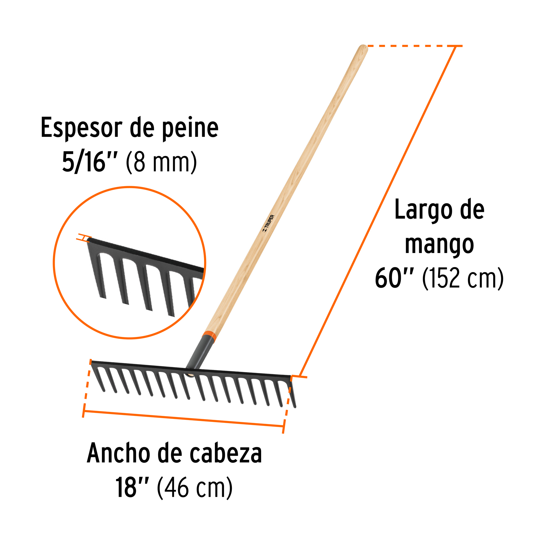 Rastrillo reforzado, 16 dientes, mango 50"