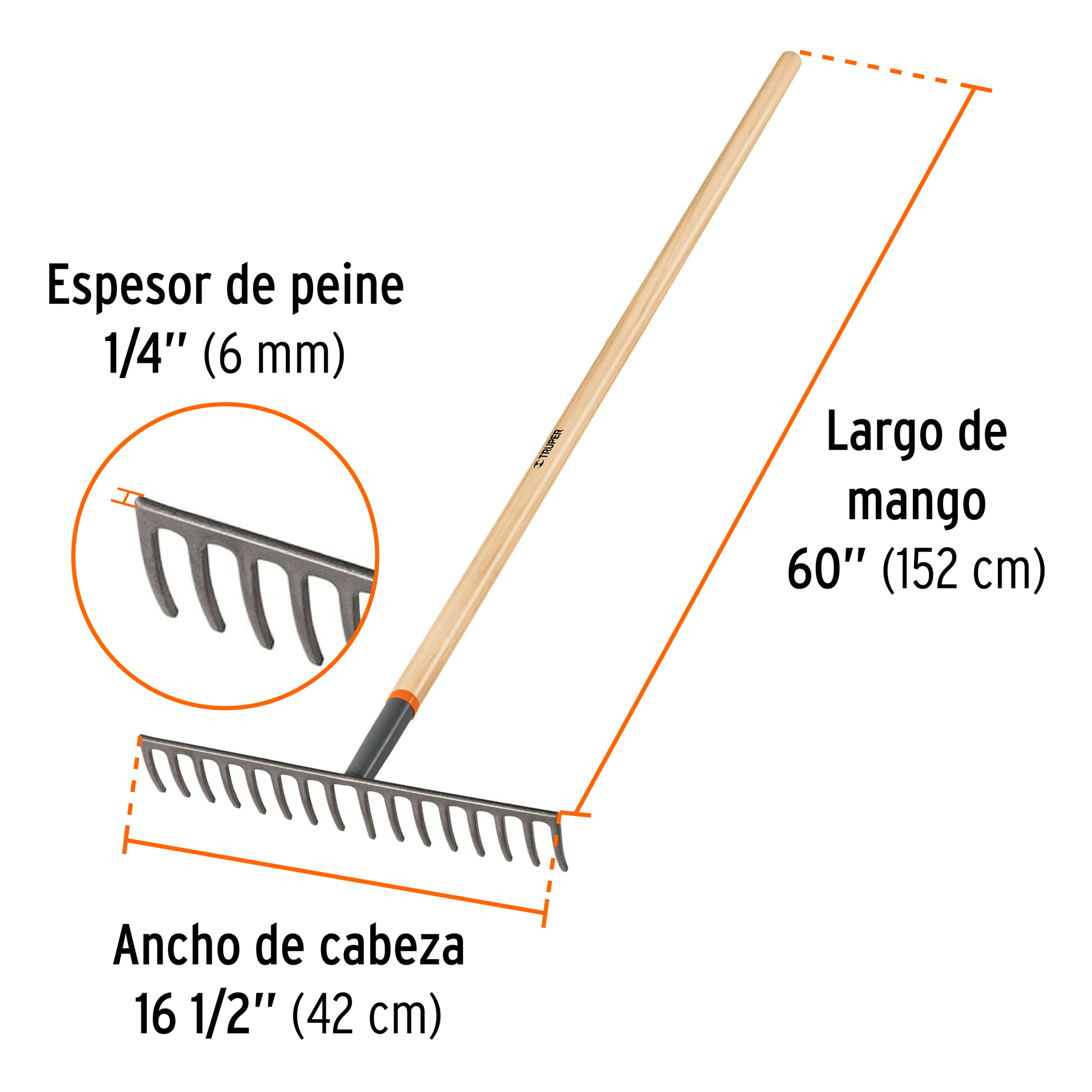Rastrillo recto, 16 dientes, mango 60"