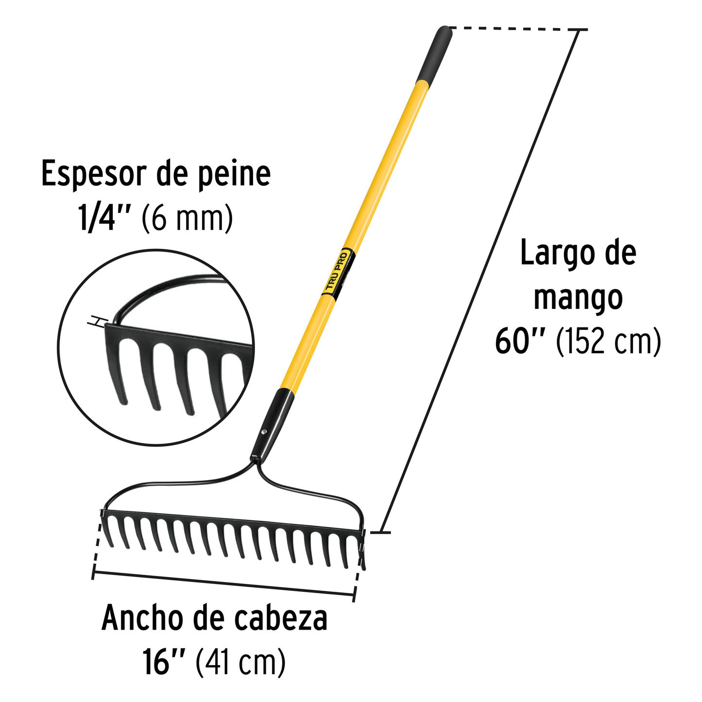 Rastrillo jardinero, 16 dientes, mango 60" fibra de vidrio