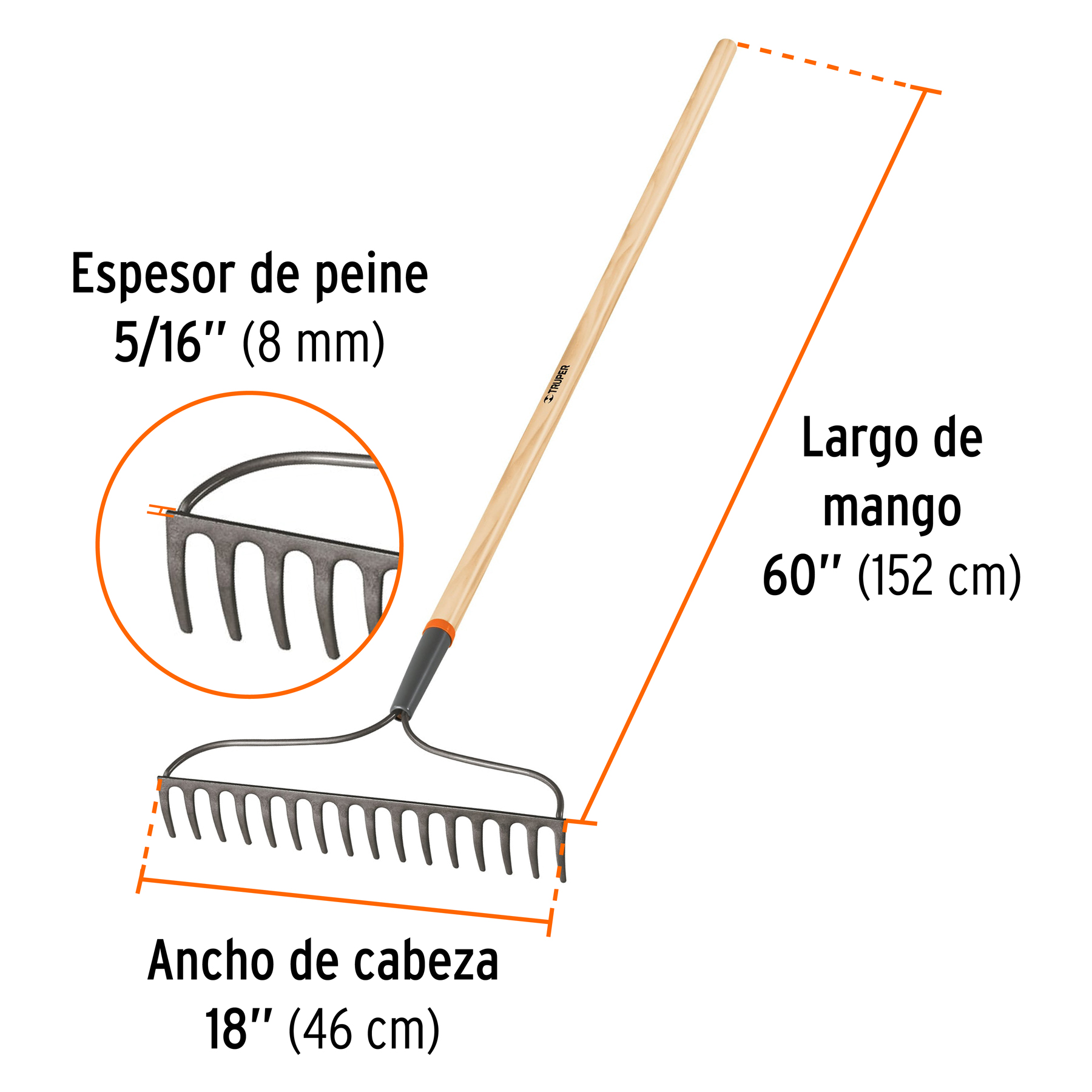 Rastrillo jardinero classic, 16 dientes,mango 54"