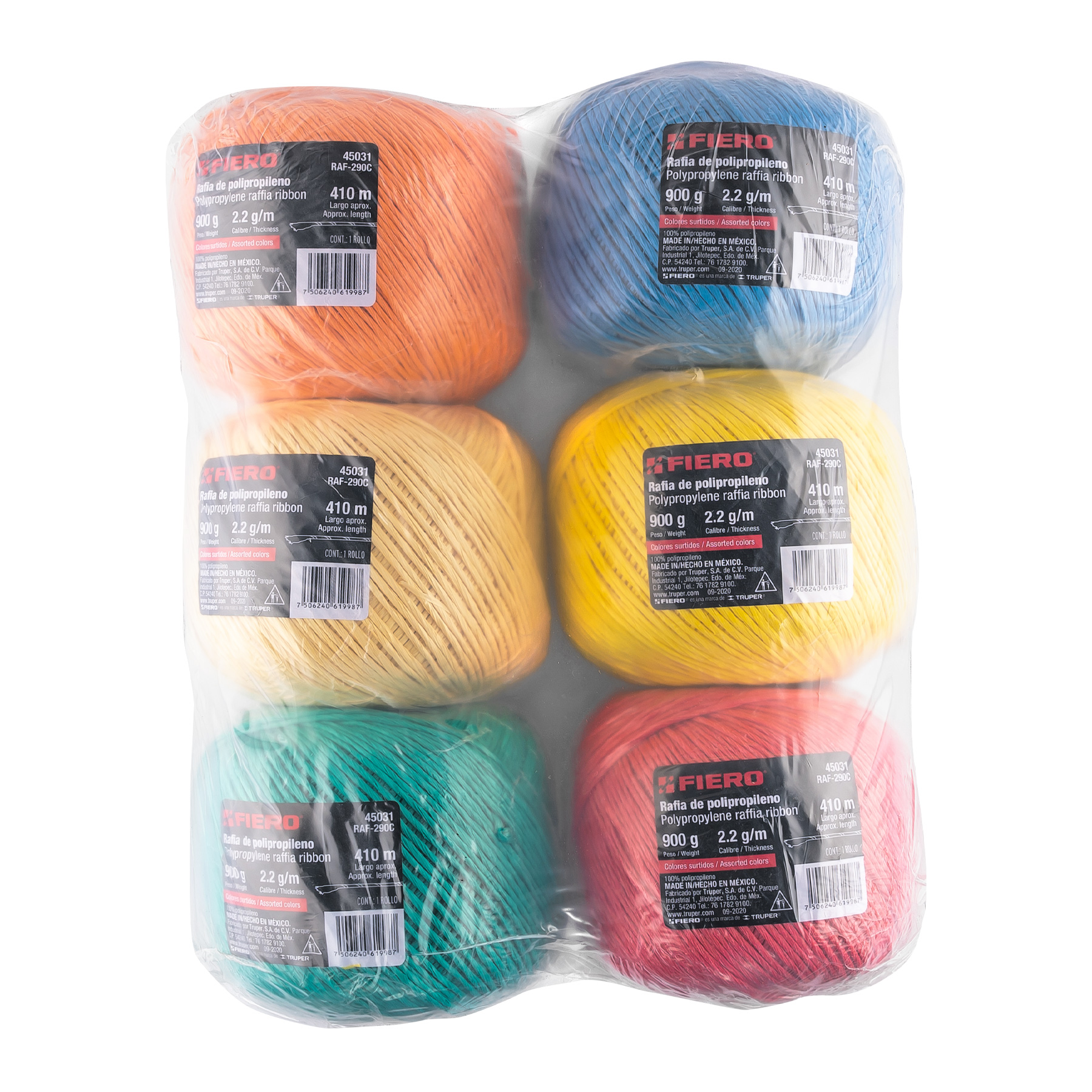 Rafia colores surtidos, calibre 2.2 g/m, 900 g