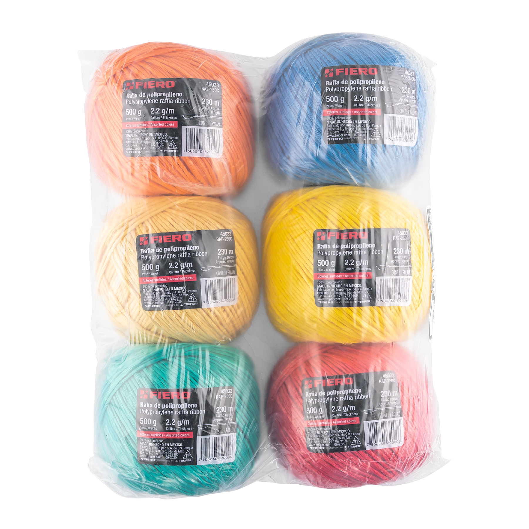 Rafia colores surtidos, calibre 2.2 g/m, 500 g