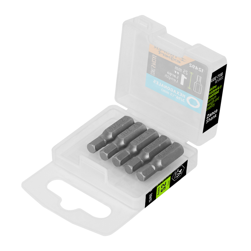 Puntas para desarmador hexagonales 3/16, 1", 5 piezas