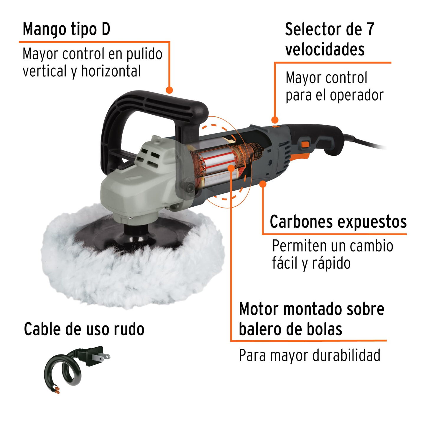 Pulidora industrial para autos, 7", 1,200 W